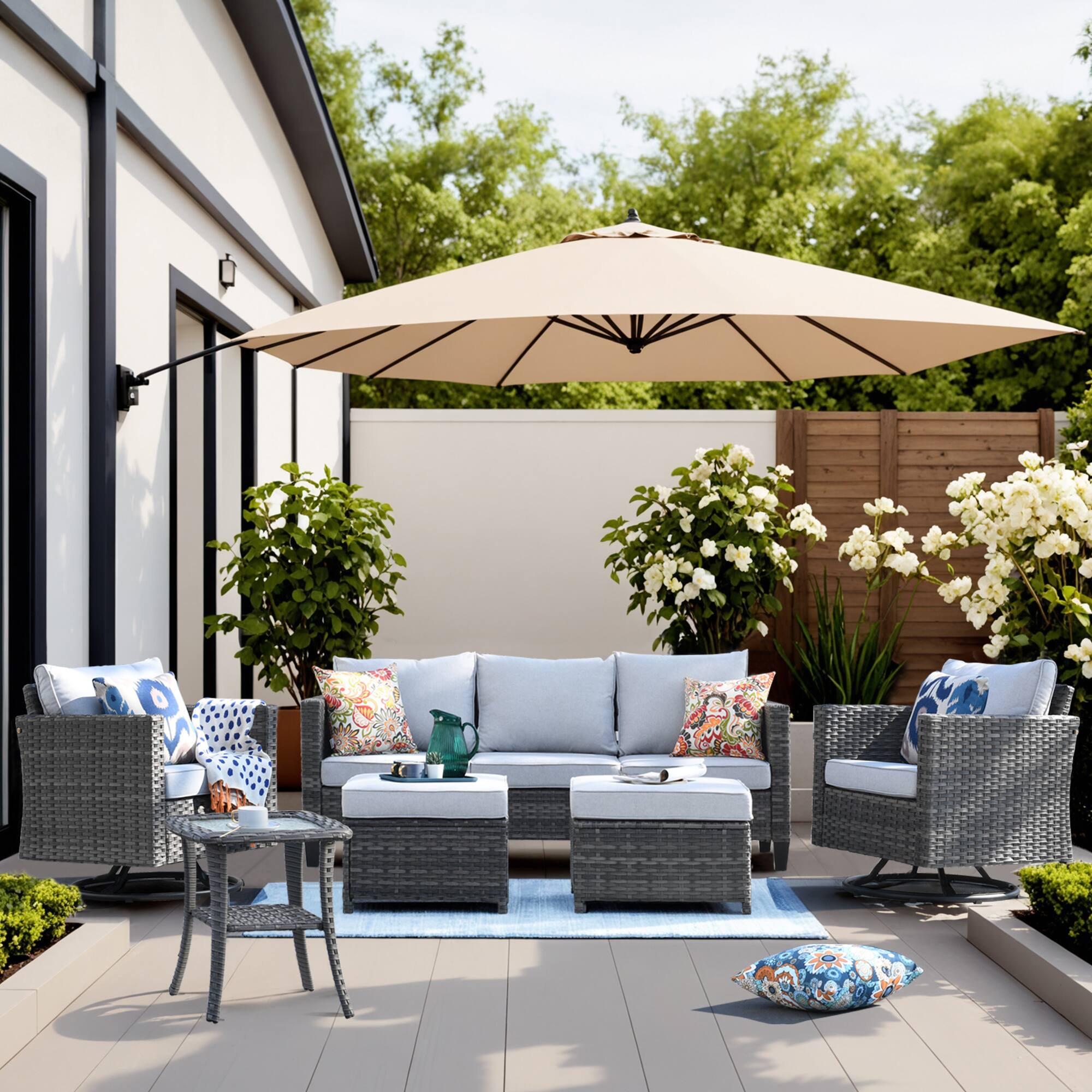 Ovios - 6 PCS Patio Furniture 3 Seat Sofa Comfy Swivel Chair with Side Table & Ottoman for Backyard - Gray