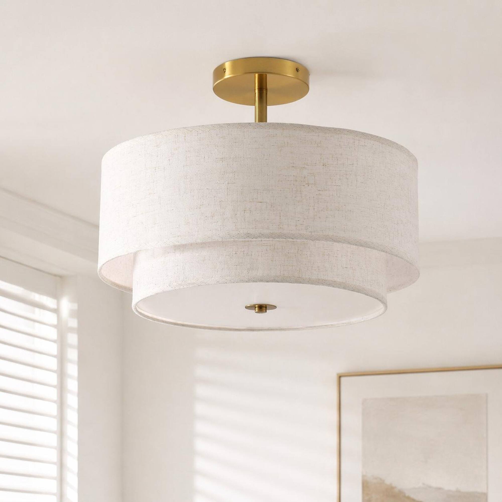 Front. RYHNUYNE - 15-Inch Golden Fabric Flush Ceiling Light with Dual Linen Shades for Living Room, Bedroom, Dining Room – Easy Mount.