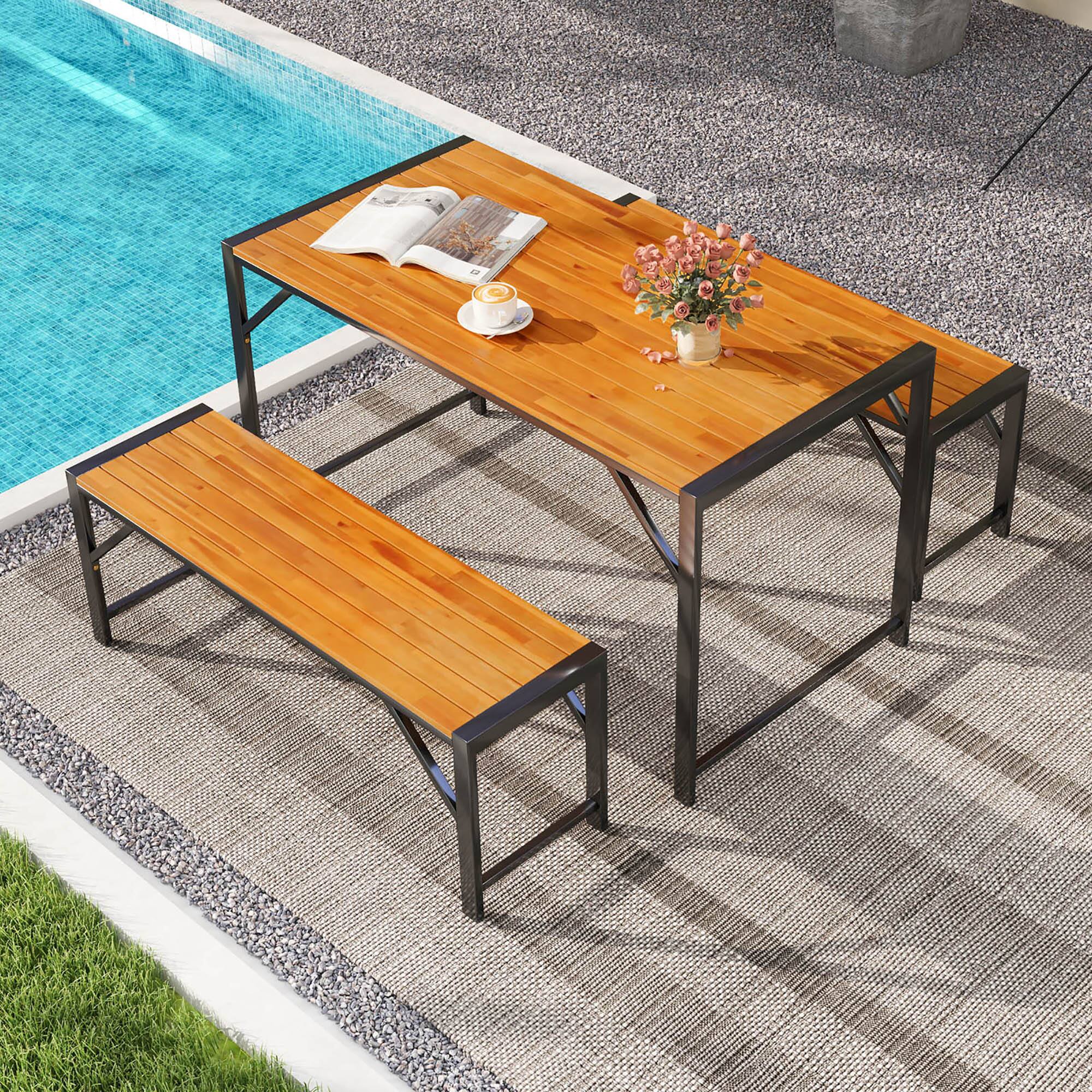 Alt View 3. Gymax - Gymax 3 PCS Patio Dining Set for 6 People 53'' Acacia Wood Picnic Table & 2 Benches - Natural, Black.