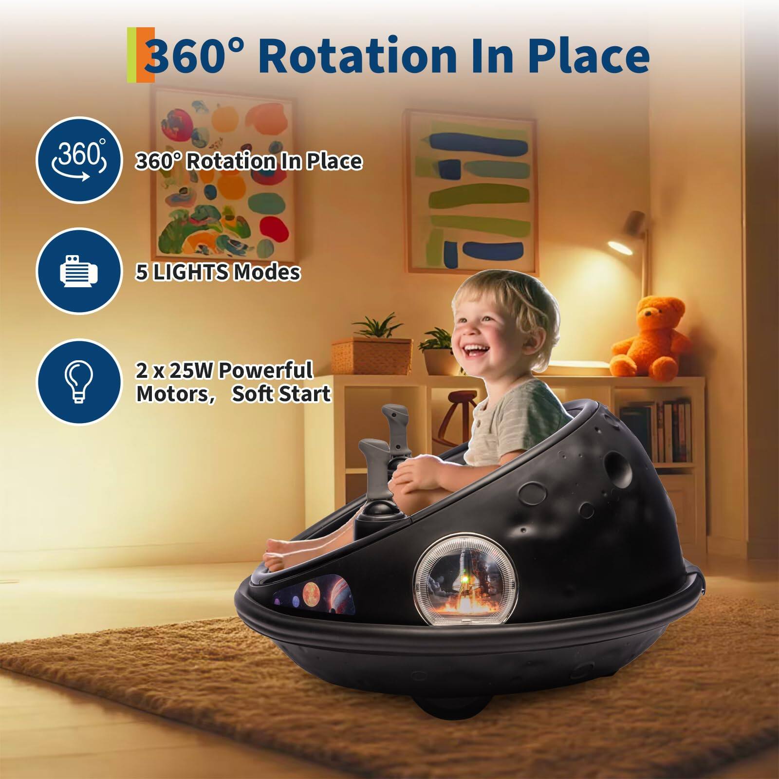 360° Rotation In Place

- 360° Rotation In Place
- 5 LIGHTS Modes
- 2 x 25W Powerful Motors, Soft Start