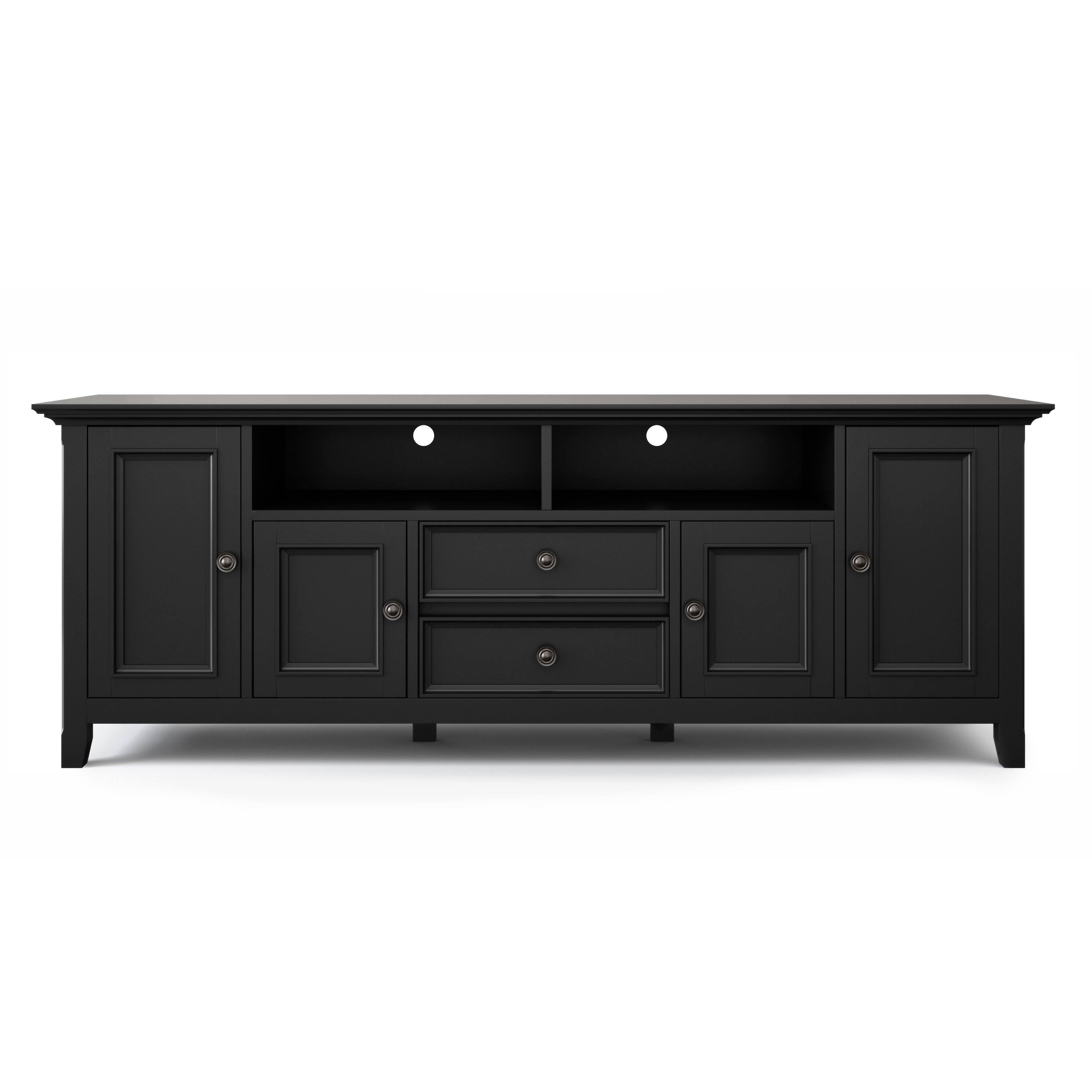 Angle. Simpli Home - Amherst Solid Wood Transitional 72 inch Wide TV Stand with Two 24 inch Wide 5 Shelf Bookcases in Black (Set of 3) - Black.