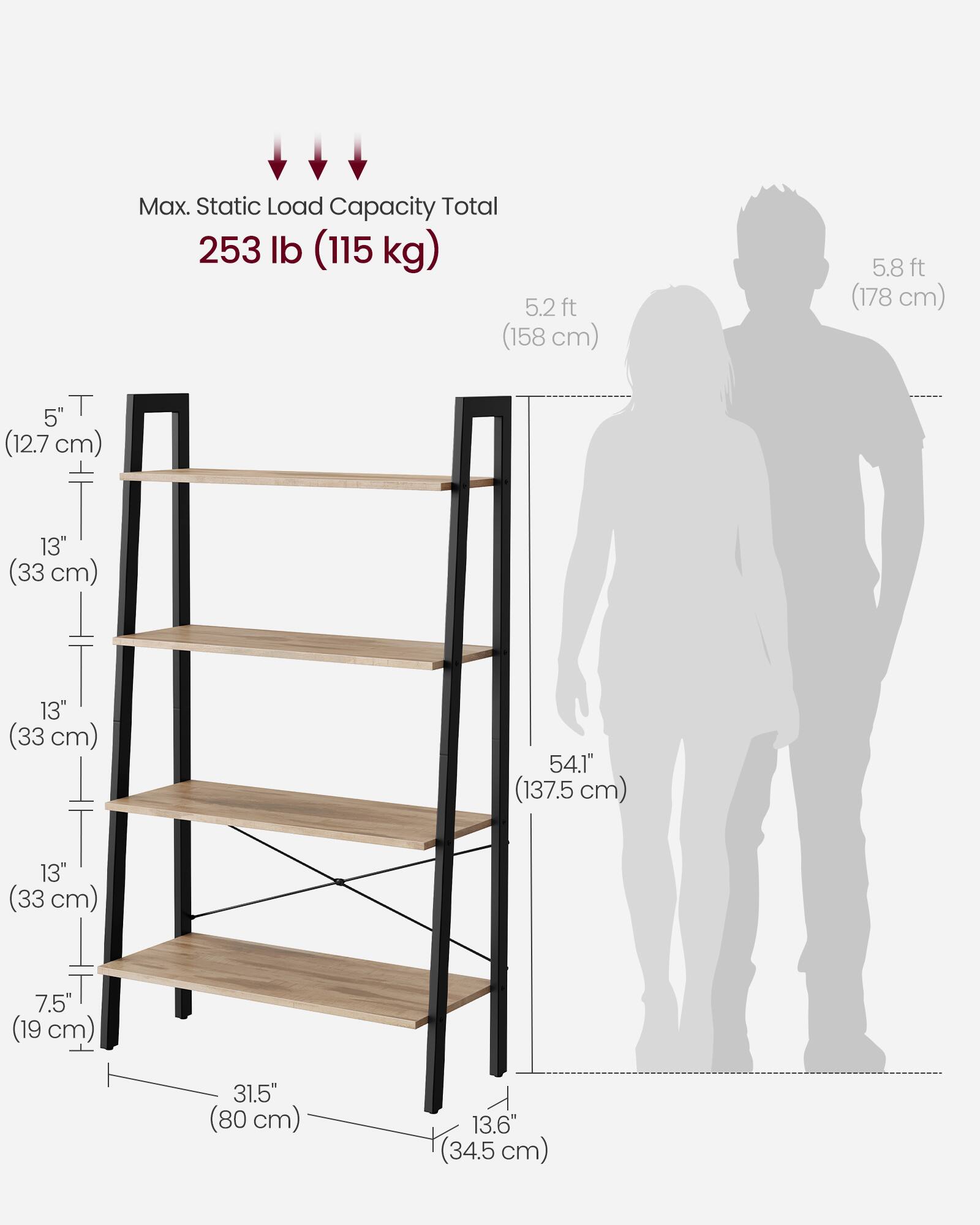 Max. Static Load Capacity Total: 253 lb (115 kg)

5.2 ft (158 cm)  
5.8 ft (178 cm)

5" (12.7 cm)  
13" (33 cm)  
13" (33 cm)  
54.1" (137.5 cm)  
13" (33 cm)  
7.5" (19 cm)  
31.5" (80 cm)  
13.6" (34.5 cm)