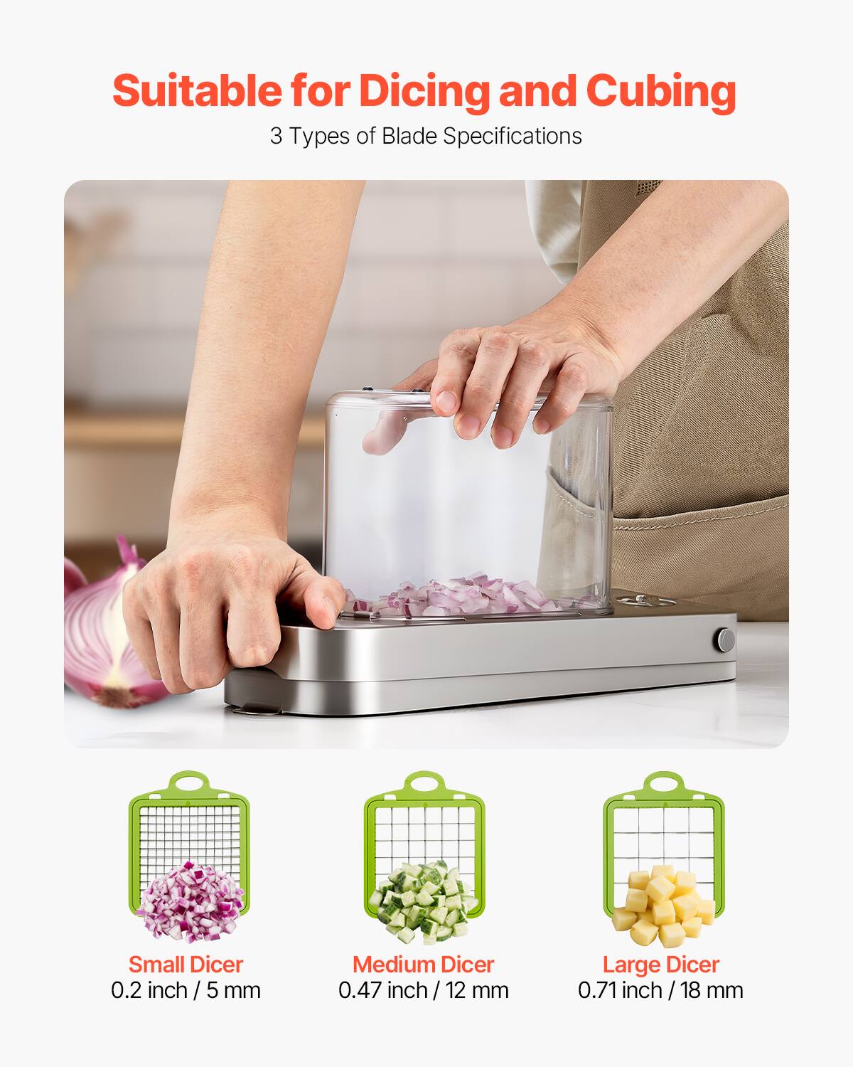 Suitable for Dicing and Cubing

3 Types of Blade Specifications

Small Dicer  
0.2 inch / 5 mm

Medium Dicer  
0.47 inch / 12 mm

Large Dicer  
0.71 inch / 18 mm
