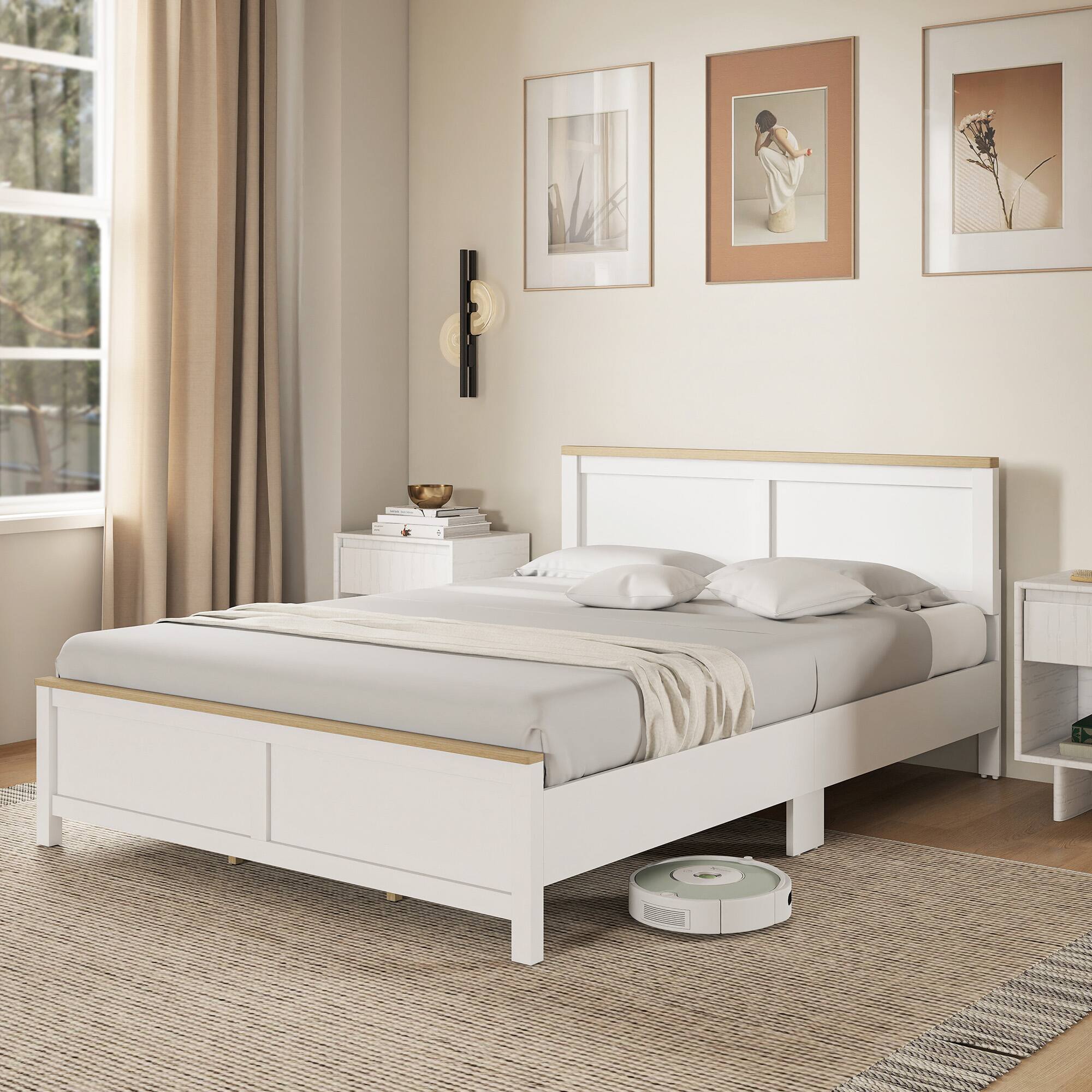 Alt View 7. Homcom - Bed Frame with Headboard, Modern Platform Bed Frame with Wooden Slats, No Box Spring Needed - White.