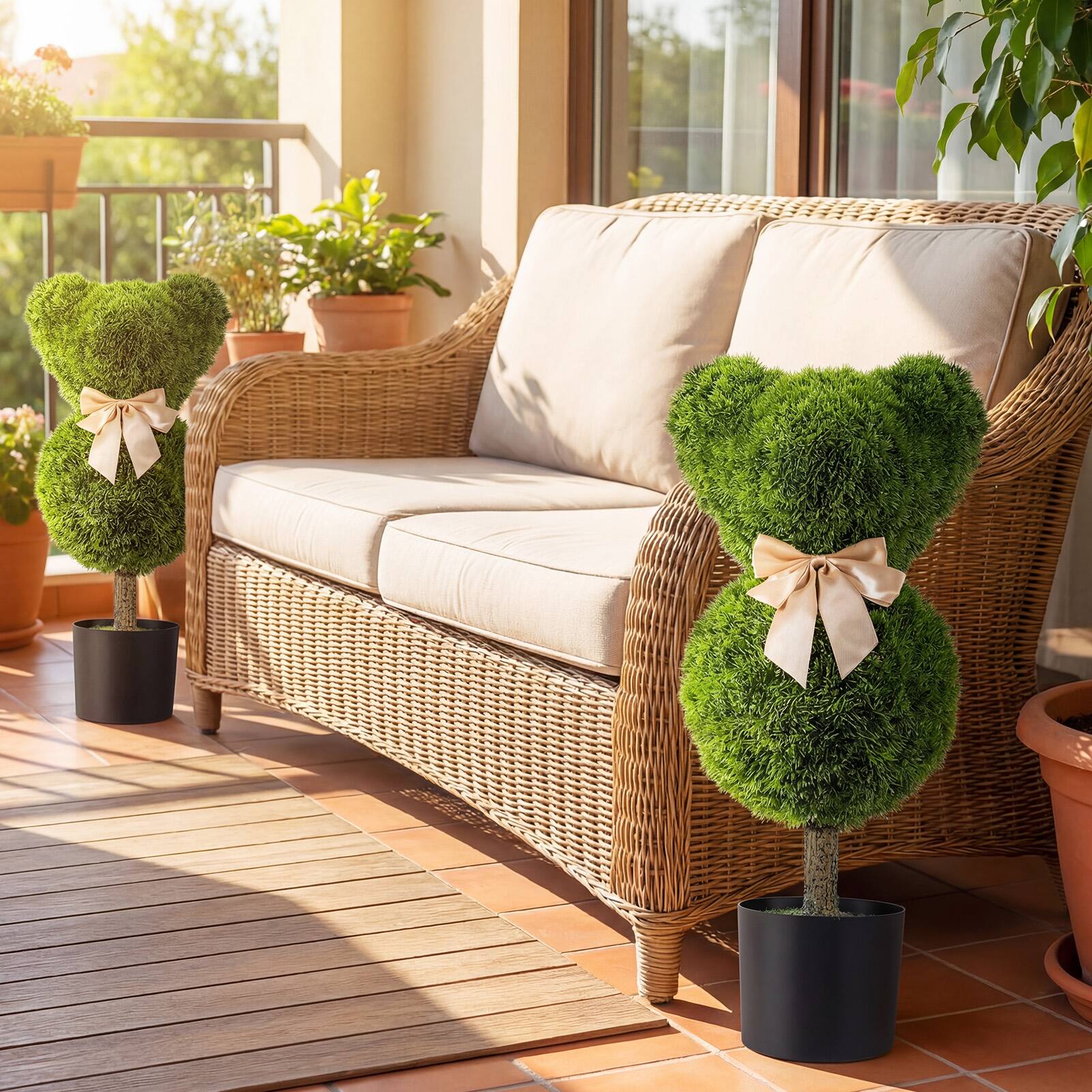 Alt View 3. Costway - Costway 2 PCS Bear Topiary Trees with Pots, Sun-resistant Bear-Shaped Faux Boxwood Plants - Green + Golden.