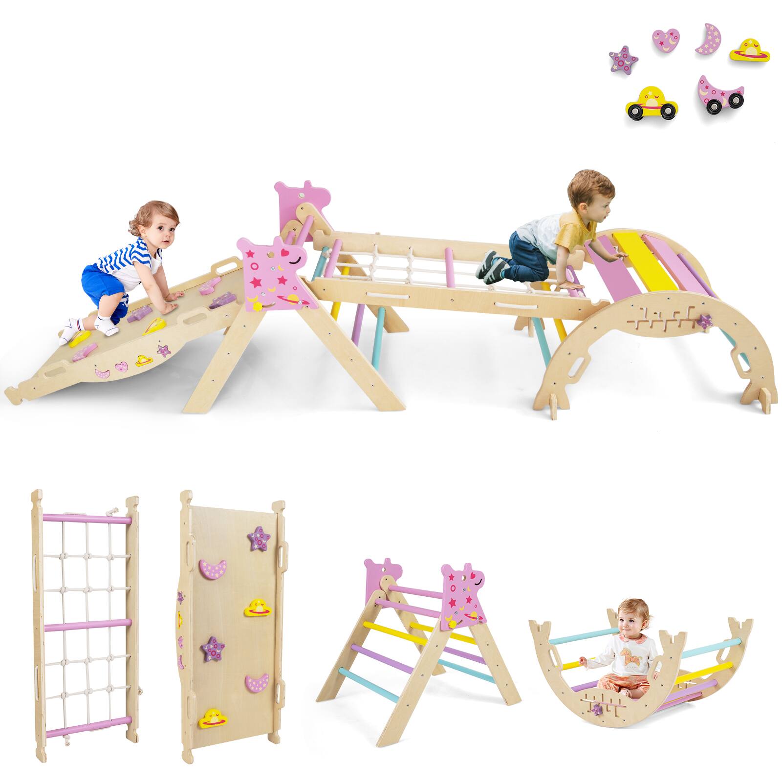 Alt View 9. Gymax - Gymax Triangle Set Wooden Montessori Climbing Set w/Arch Ramp Climbing Rope & Ladder - Multicolor.