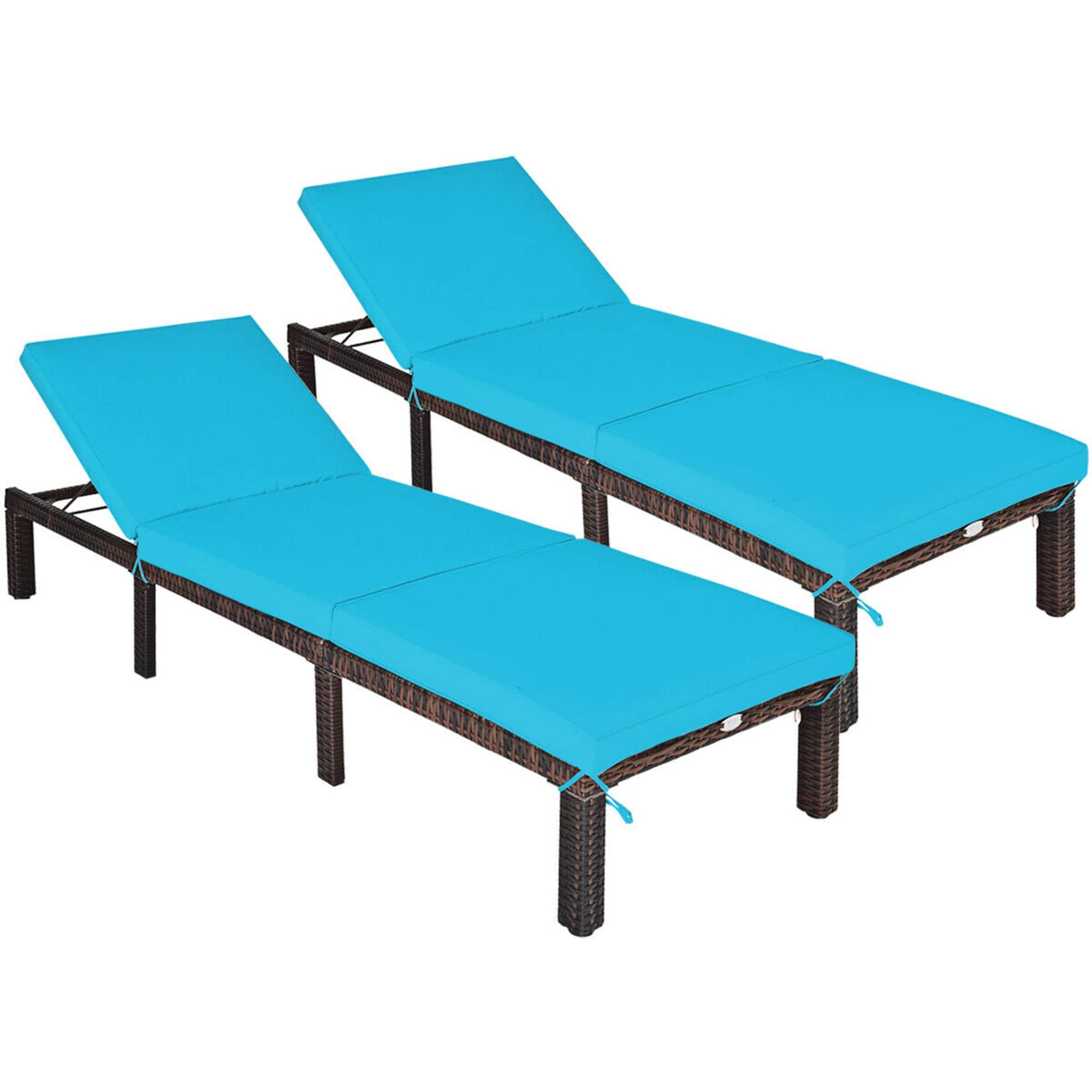 Gymax - 2PCS Adjustable Patio Rattan Chaise Lounge Chair Recliner Outdoor w/ Turquoise Cushion - Brown