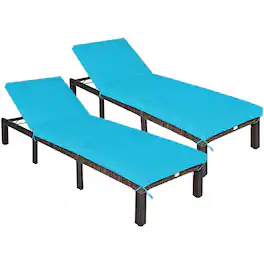 Gymax - 2PCS Adjustable Patio Rattan Chaise Lounge Chair Recliner Outdoor w/ Turquoise Cushion - Brown
