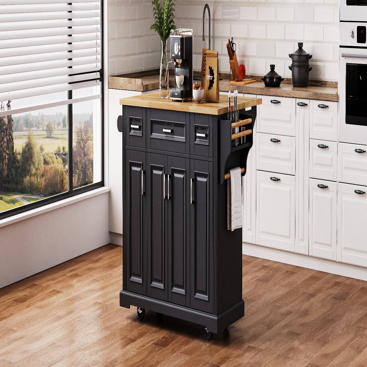 Loheer 54 inch kitchen island with rubber wood drop leaf and hidden ...