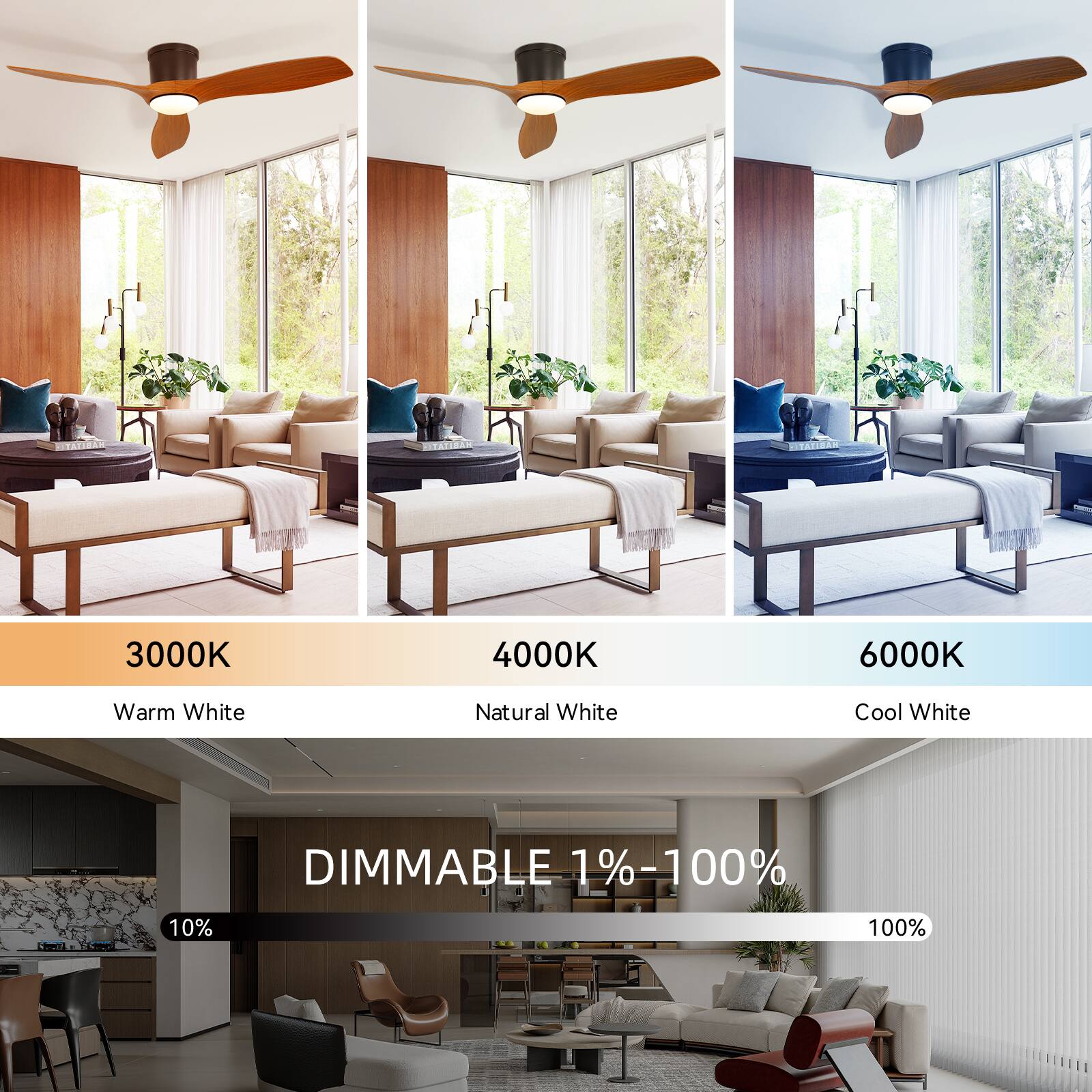 TATIBA  
3000K Warm White  
4000K Natural White  
6000K Cool White  
DIMMABLE 1%-100%  
10%  
100%