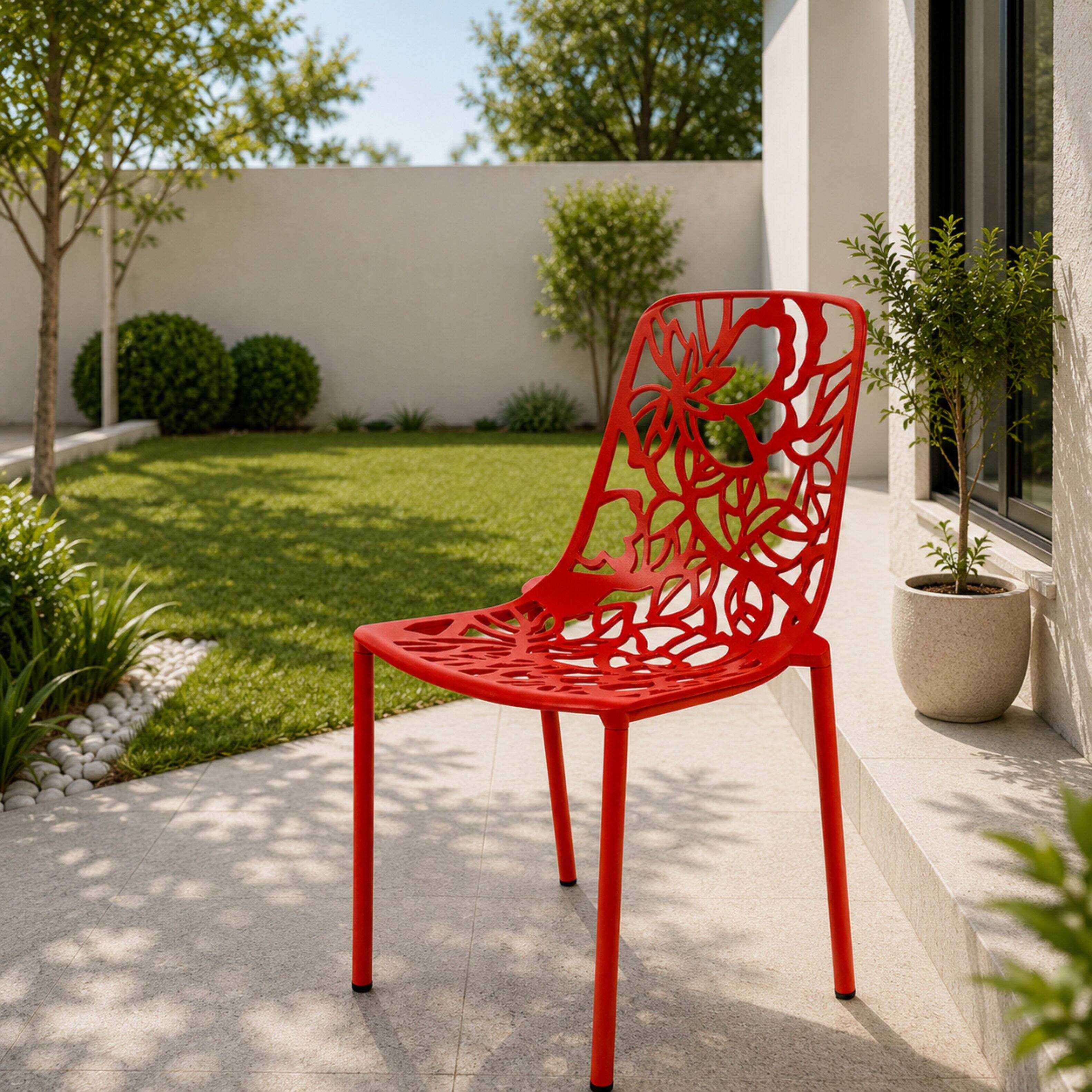 Left. LeisureMod - Devon (Set of 4) Modern Floral Stackable Aluminum Chair - Weather Resistant Indoor/Outdoor Dining Chair - Red.