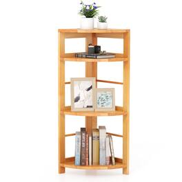 Gymax - 4-Tier Corner Shelf w/ Rubber Wood Frame Anti-Toppling Kit Home Office Natural - Natural