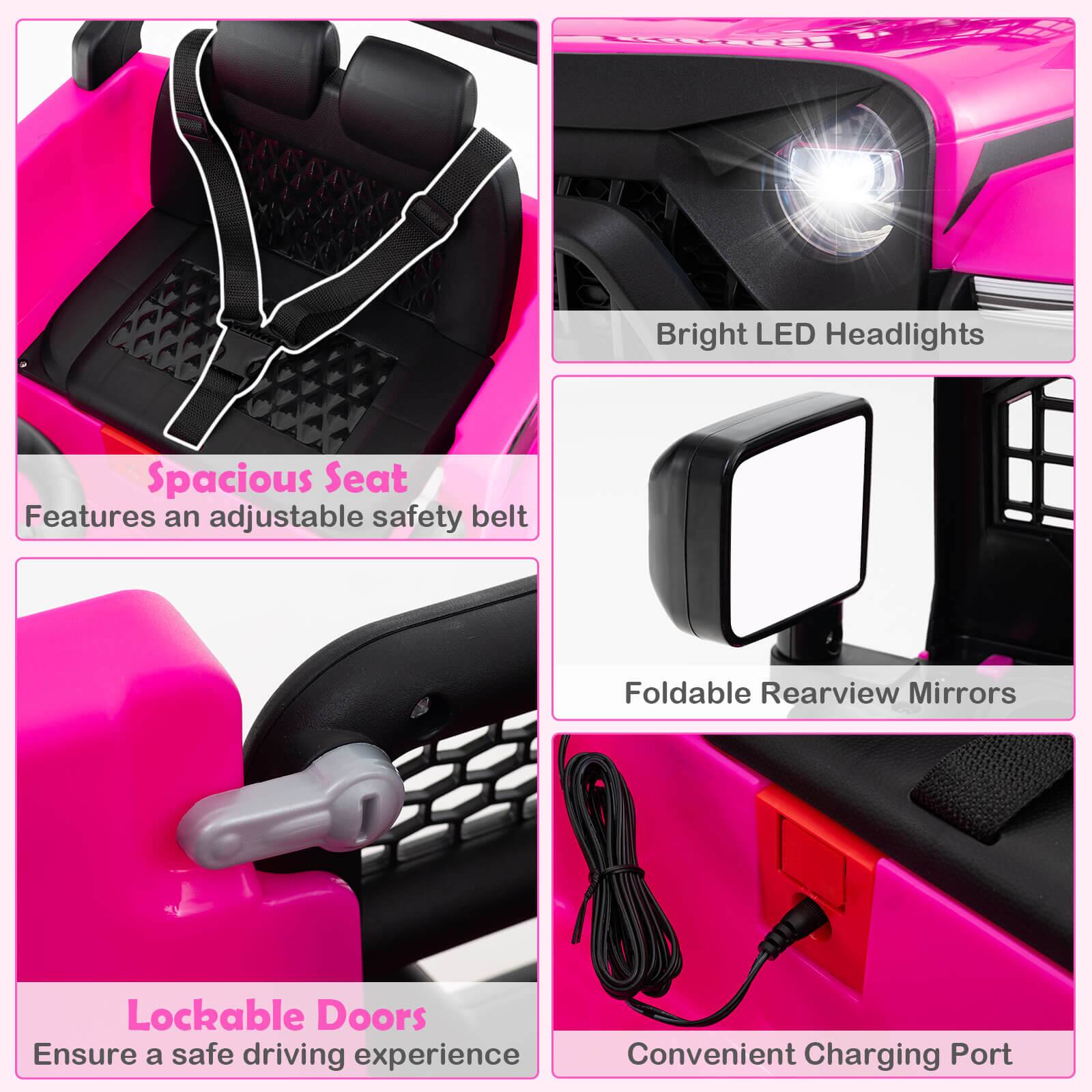 - Spacious Seat  
  Features an adjustable safety belt

- Bright LED Headlights

- Foldable Rearview Mirrors

- Lockable Doors  
  Ensure a safe driving experience

- Convenient Charging Port