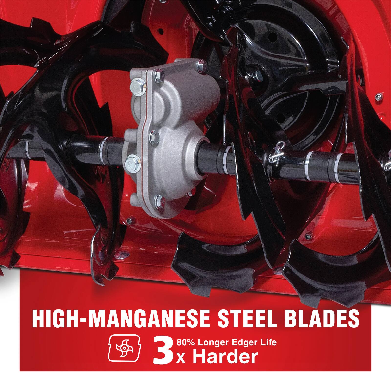 HIGH-MANGANESE STEEL BLADES  
80% Longer Edger Life  
3 X Harder