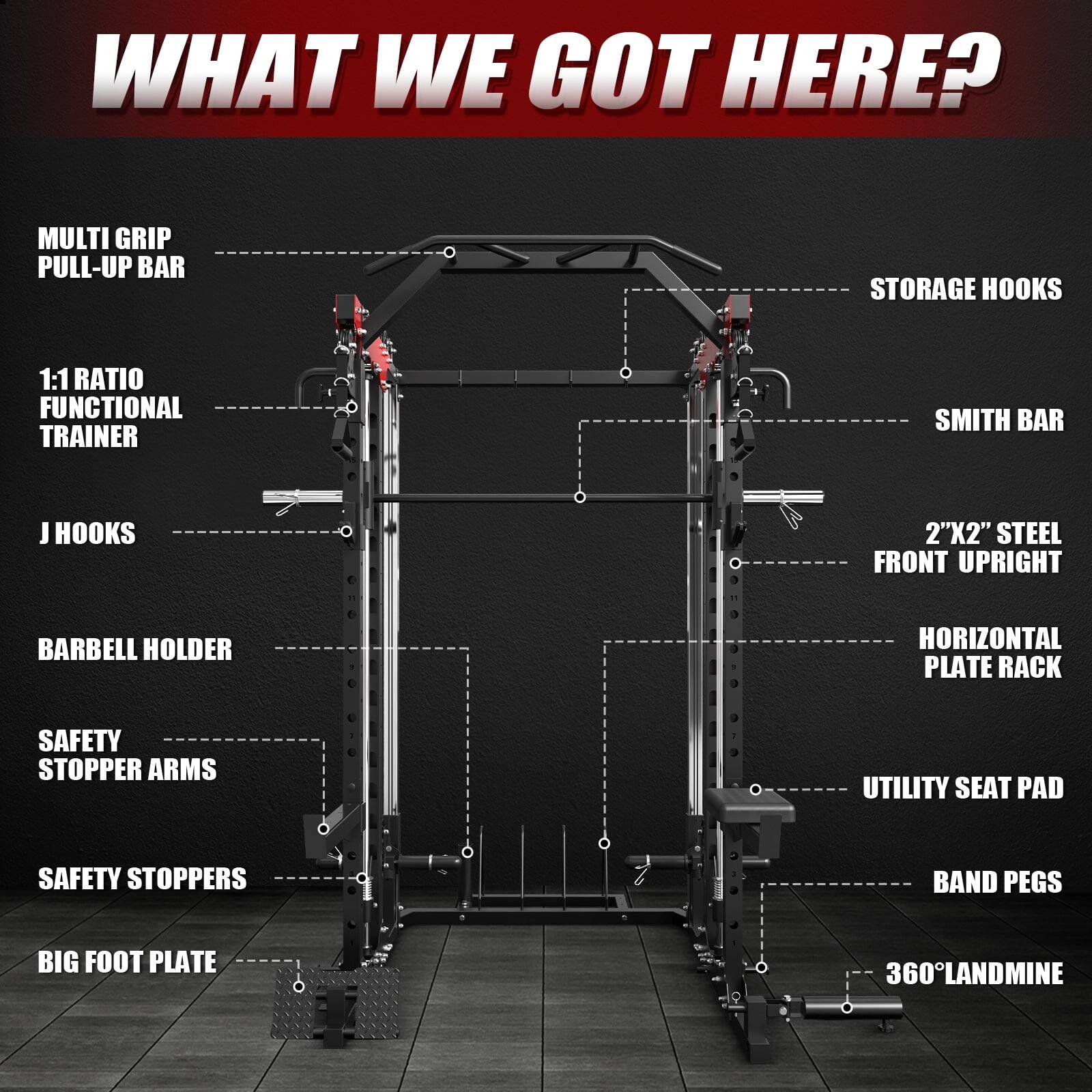 WHAT WE GOT HERE? MULTI GRIP PULL-UP BAR STORAGE HOOKS 1:1 RATIO FUNCTIONAL TRAINER SMITH BAR J HOOKS 2"X2" STEEL FRONT UPRIGHT BARBELL HOLDER HORIZONTAL PLATE RACK SAFETY STOPPER ARMS UTILITY SEAT PAD SAFETY STOPPERS BAND PEGS BIG FOOT PLATE 360° LANDMINE