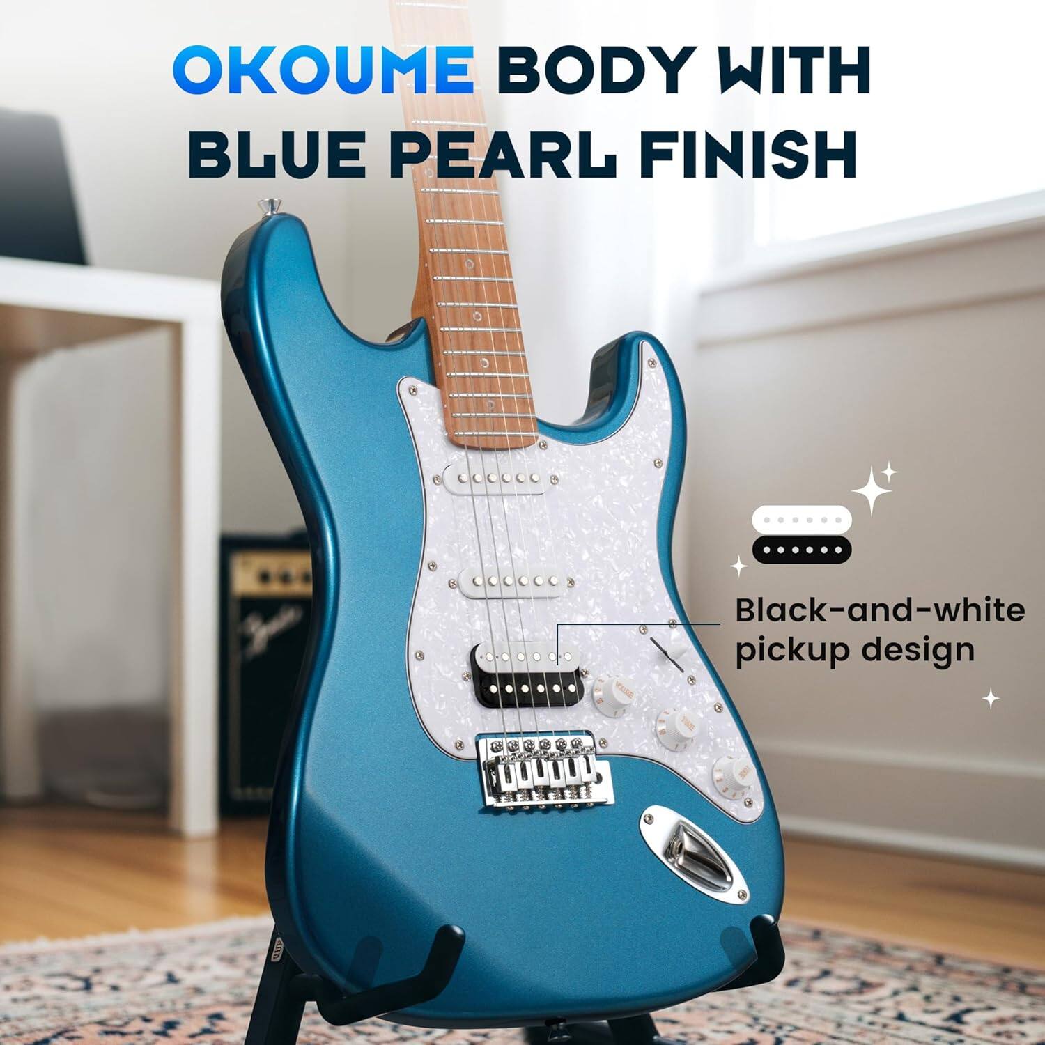 OKOUME BODY WITH BLUE PEARL FINISH

Black-and-white pickup design