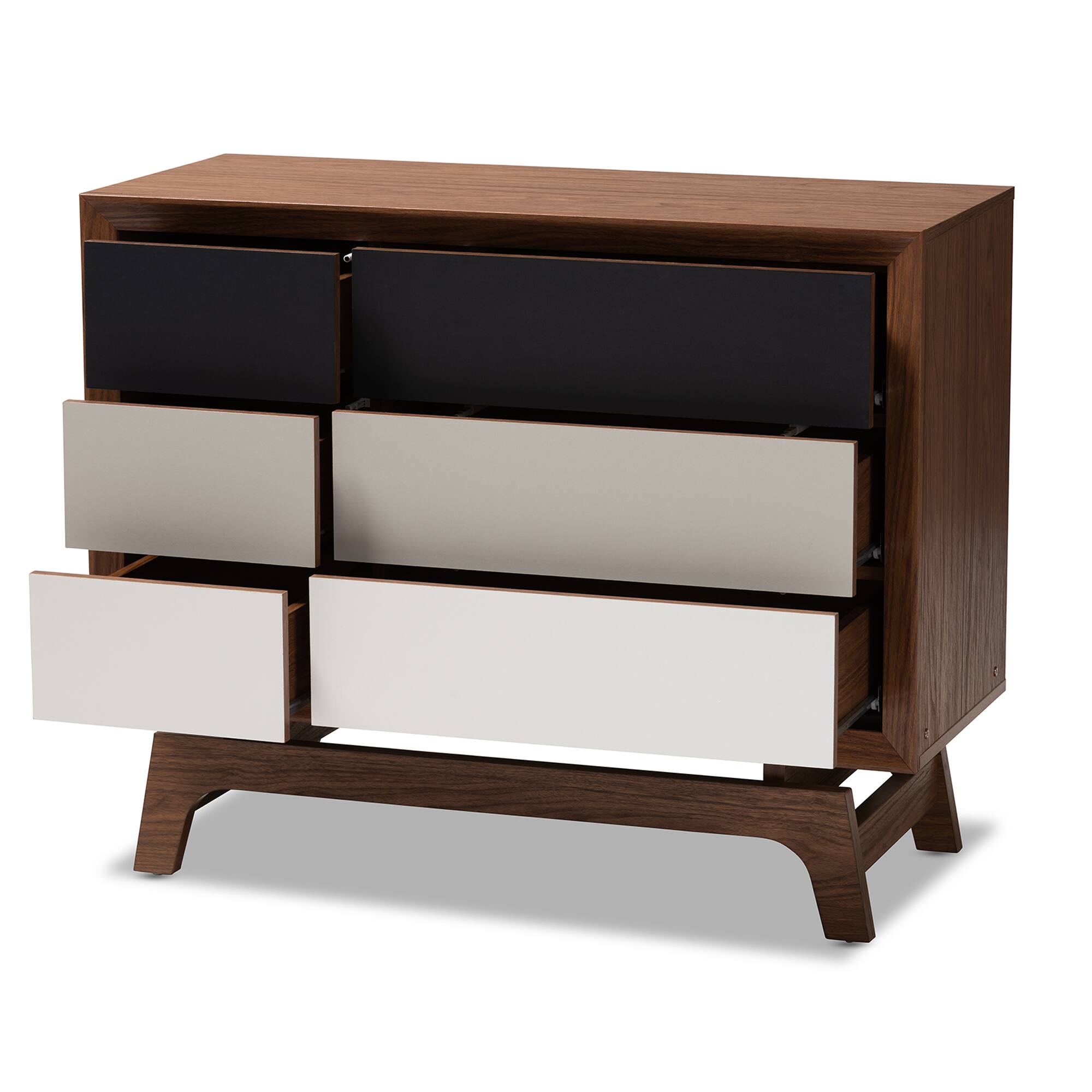 Angle. Baxton Studio - Svante Mid-Century Modern Finished Wood 6-Drawer Chest - Walnut/White/Gray.
