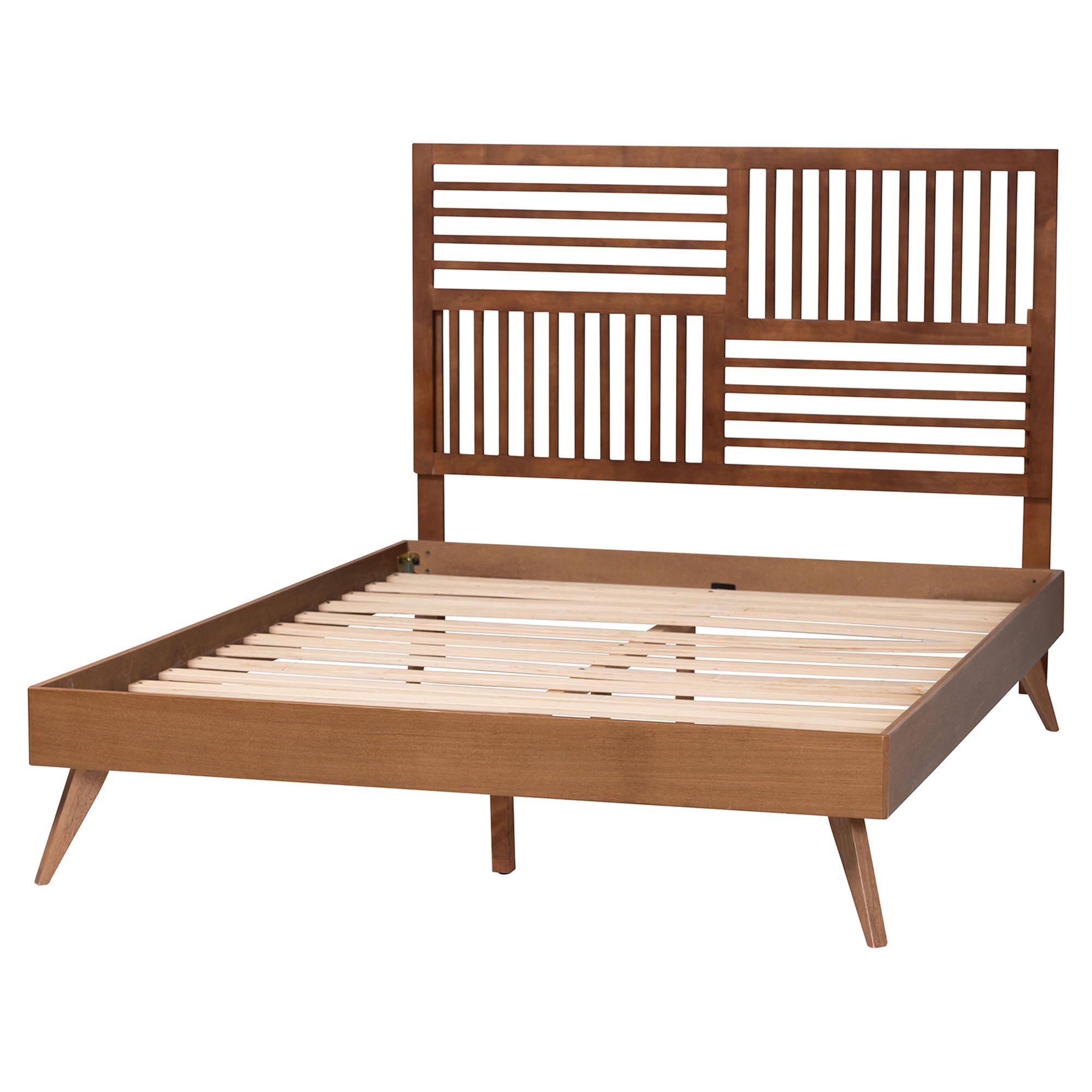 Left. Baxton Studio - Gemma Platform Bed - Mid-Century Modern Bed Frame with Slatted Wood Headboard and Angled Legs for Bedroom, Queen - Ash Walnut.