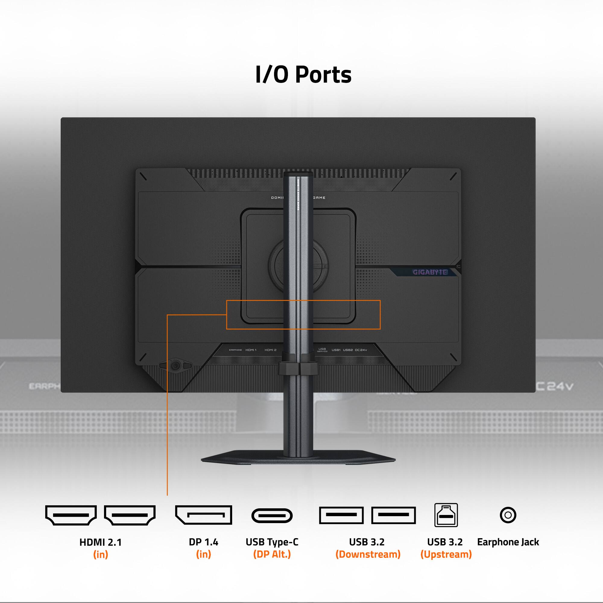 I/O Ports

- HDMI 2.1 (in)
- DP 1.4 (in)
- USB Type-C (DP Alt.)
- USB 3.2 (Downstream)
- USB 3.2 (Upstream)
- Earphone Jack
