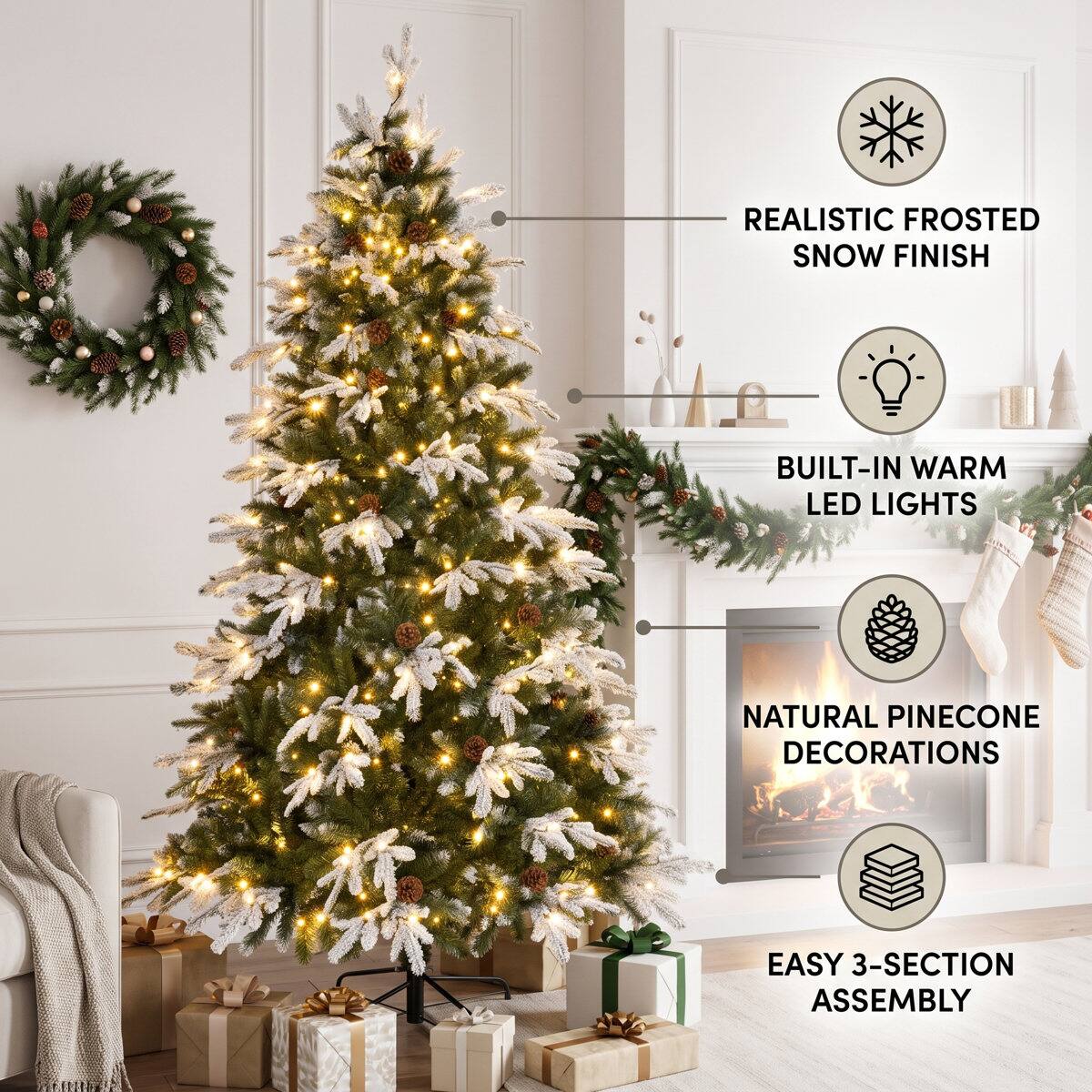 REALISTIC FROSTED SNOW FINISH  
BUILT-IN WARM LED LIGHTS  
NATURAL PINECONE DECORATIONS  
EASY 3-SECTION ASSEMBLY