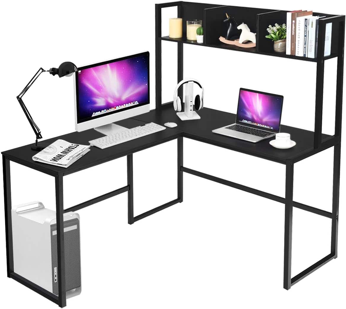 Ecooso - 55 Inch L-Shaped Gaming Desk with Bookshelf, Industrial Corner Workstation for Home Office - Black