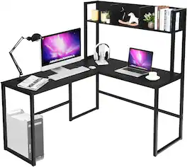 Ecooso - 55 Inch L-Shaped Gaming Desk with Bookshelf, Industrial Corner Workstation for Home Office - Black