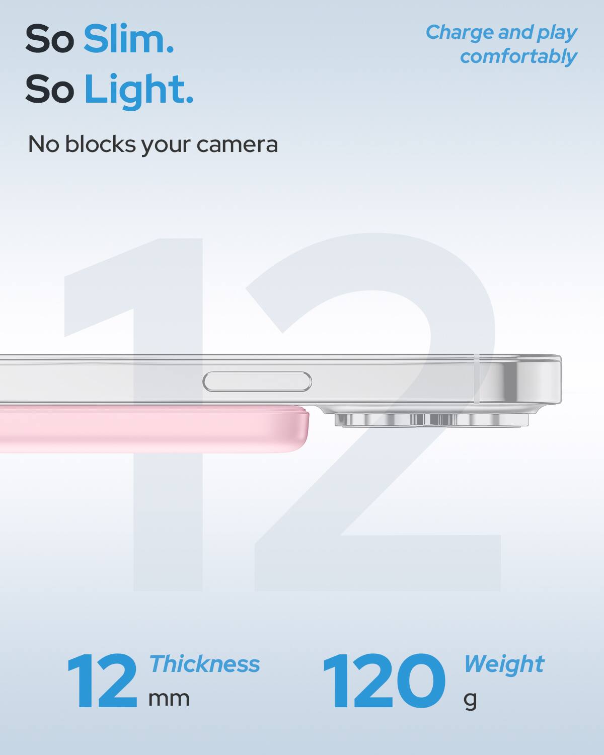 So Slim.  
So Light.  
Charge and play comfortably  
No blocks your camera  

12 mm  
120 g