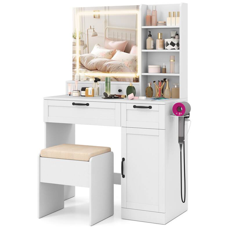 Front. WELLFOR - Makeup Vanity Desk with LED Lighted Mirror & Cushioned Stool, White Makeup Vanity Set with Charging Station - White.