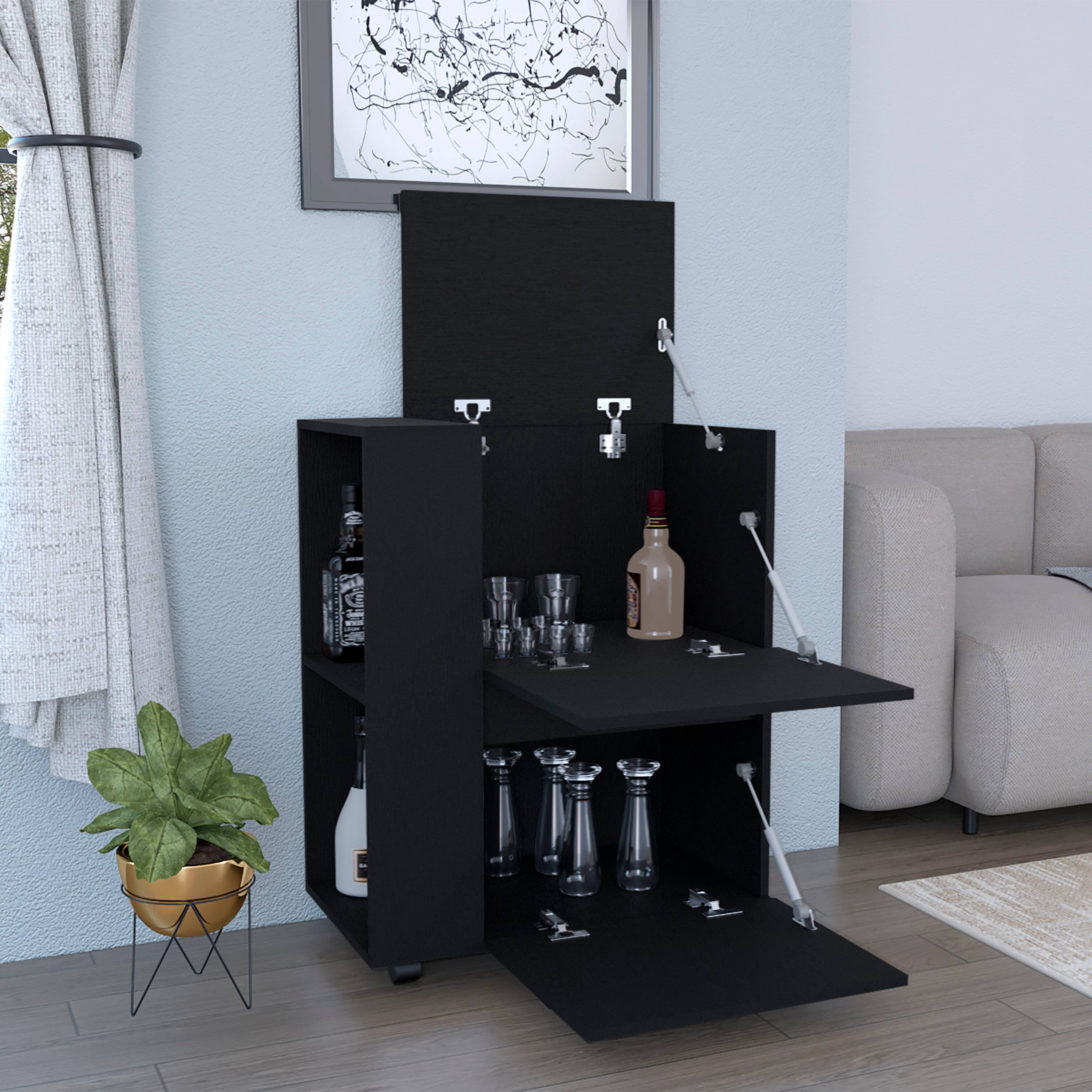 Back. TuHome - Glasgow Bar Cart with Two Pull-Down Door Cabinets, Two Open Shelves, Living Room or Bar Room - Black.