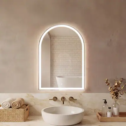 Front. Sweetcrispy - 20in x 28in Frameless Arch Bathroom Mirror with Dimmable LED Light & Anti-Fog, Wall-Mounted Modern Vanity Mirror - White.