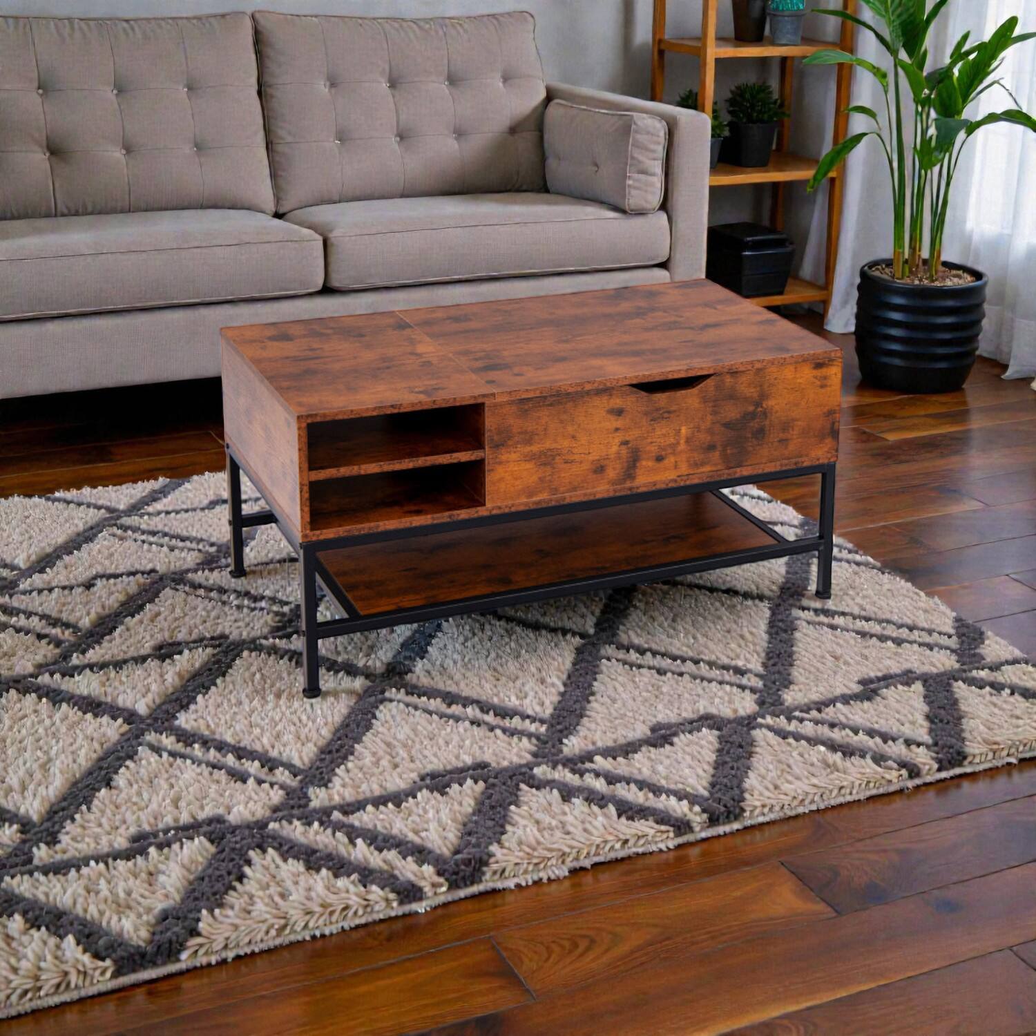 Front. Hivvago - Contemporary Lift-Top Table with Concealed Compartment and Flexible Shelf Design - Rustic Brown.