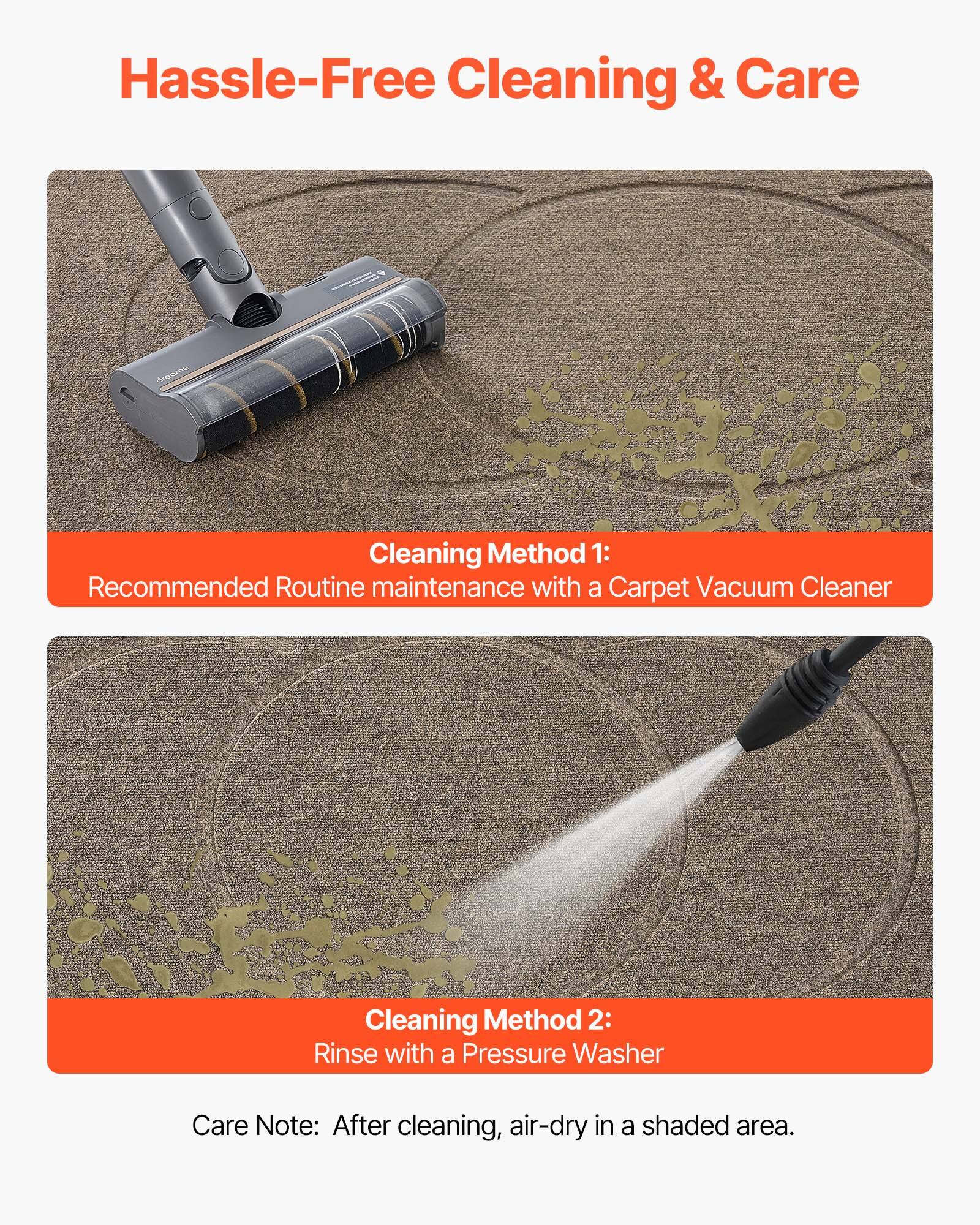 Hassle-Free Cleaning & Care

Cleaning Method 1:  
Recommended Routine maintenance with a Carpet Vacuum Cleaner

Cleaning Method 2:  
Rinse with a Pressure Washer

Care Note: After cleaning, air-dry in a shaded area.