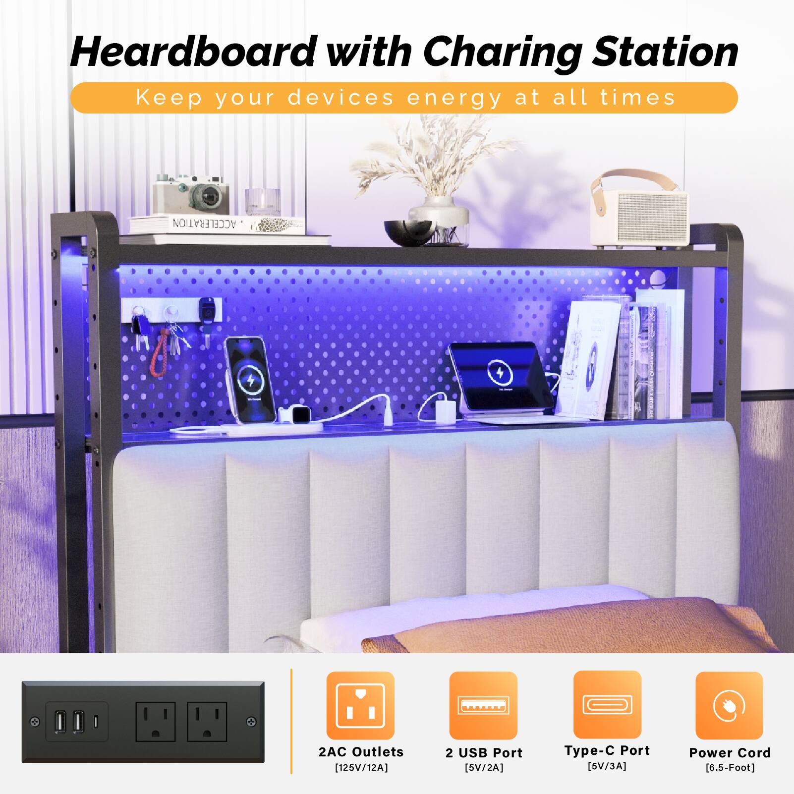 Heardboard with Charging Station  
Keep your devices energy at all times  

- 2AC Outlets [125V/12A]  
- 2 USB Port [5V/2A]  
- Type-C Port [5V/3A]  
- Power Cord [6.5-Foot]