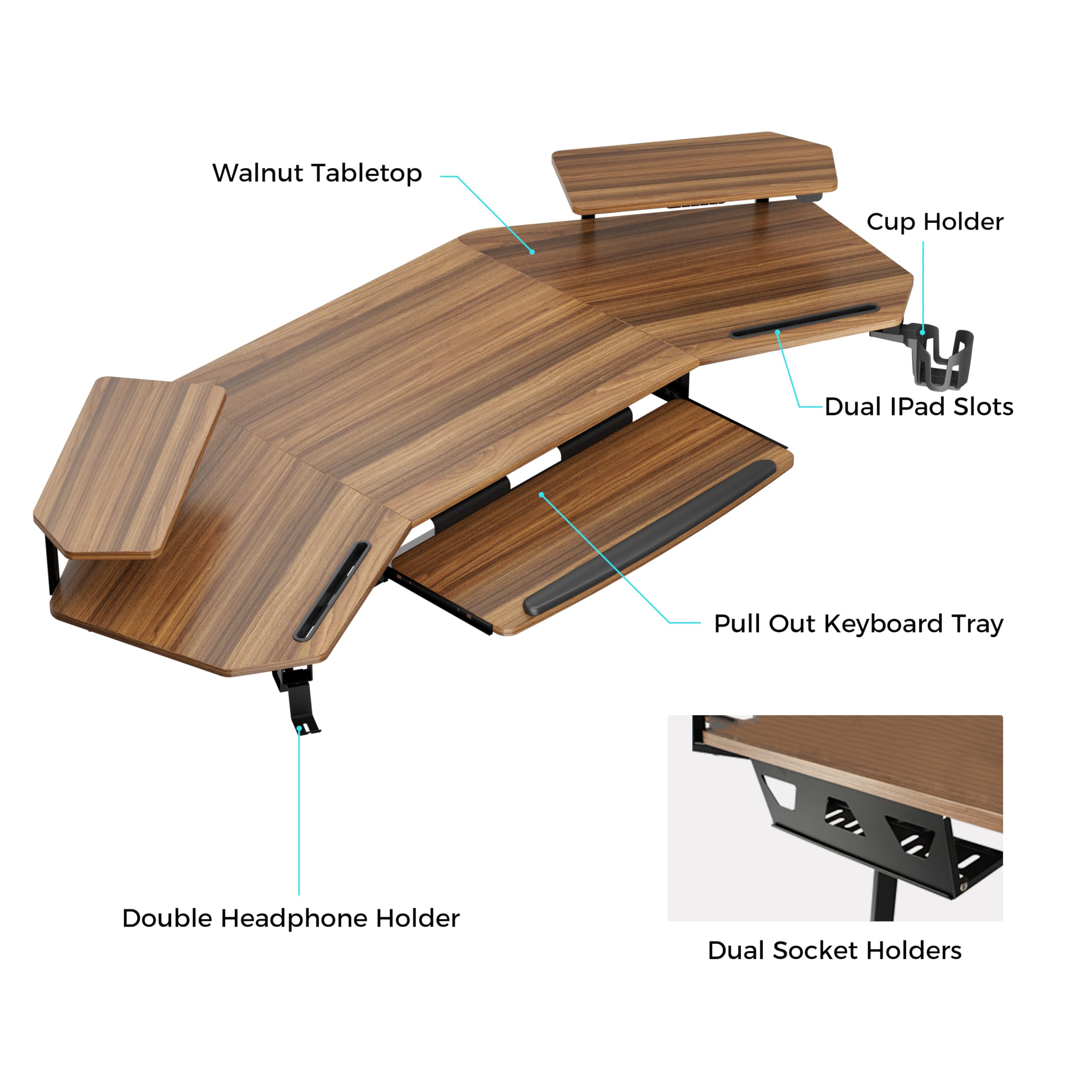 Walnut Tabletop, Cup Holder, Dual IPad Slots, Pull Out Keyboard Tray, Double Headphone Holder, Dual Socket Holders