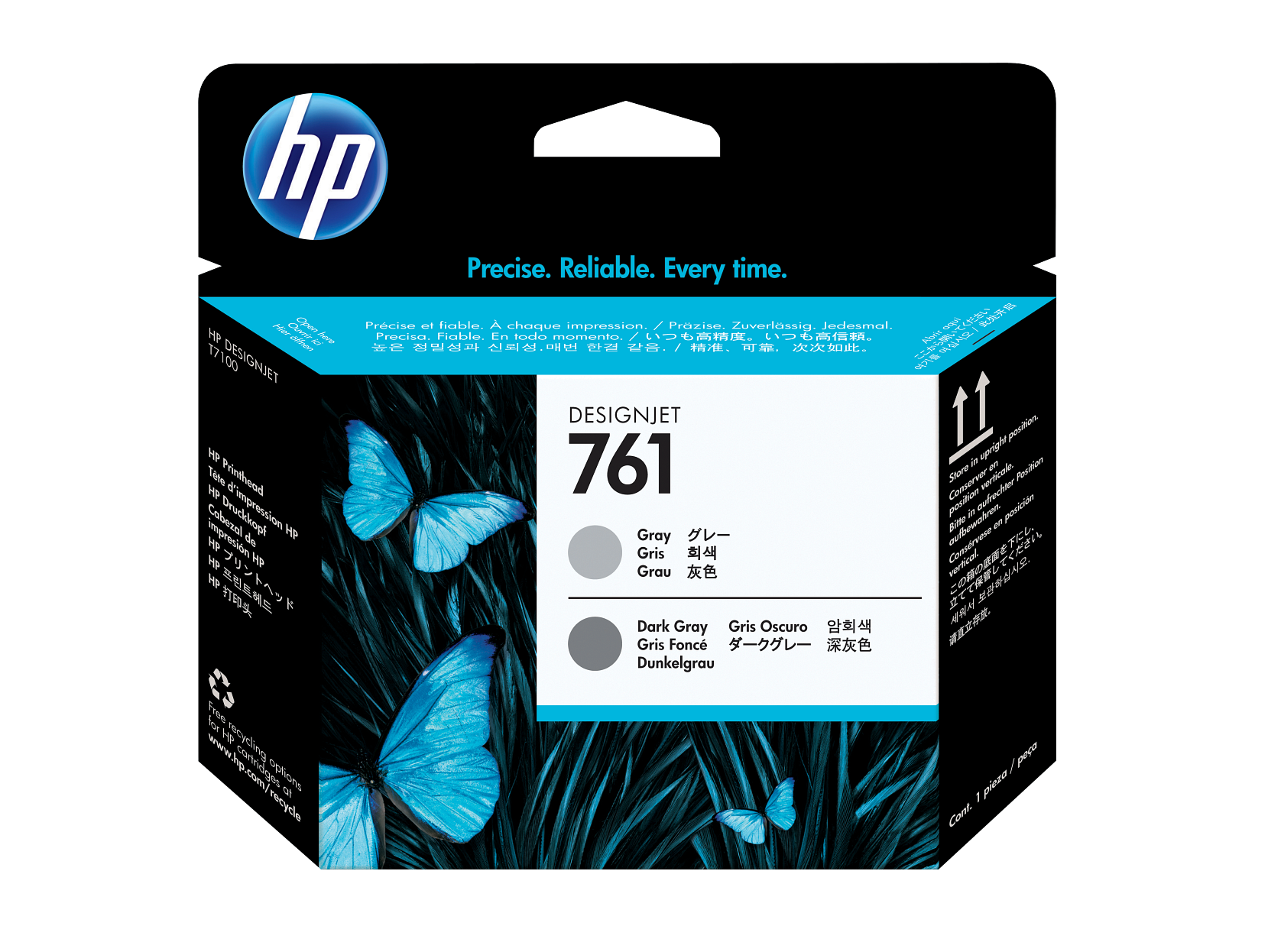 hp Precise. Reliable. Every time.  
Hor C Prciso ol fioble. A chaque impression. / Proziso. Zuverlssig. Jodesmal.  
HP Clne Ae Preciso. Fioble. En todo momento  

DESIGNJET 761  
Gray  
Gris  
Grau  

Dark Gray  
Gris Oscuro  
Gris Fonce  
Dunkelgrau  

Free recycling options  
www.hp.com/recycle