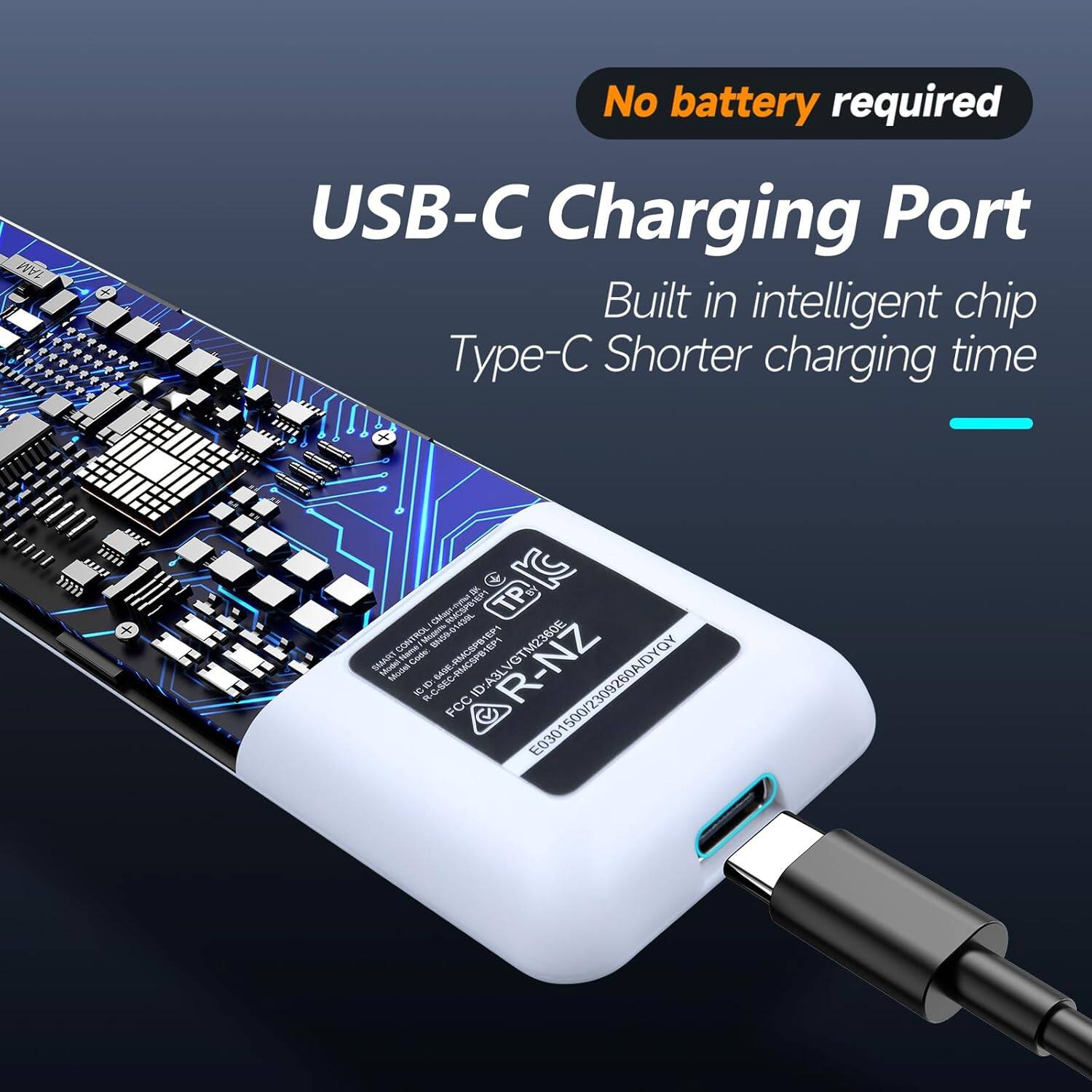 No battery required

USB-C Charging Port

Built in intelligent chip

Type-C Shorter charging time

R-NZ

FCC ID: R-NZ

E0301500/2309260A/DYQY

TRP

CE

C

IC

E030