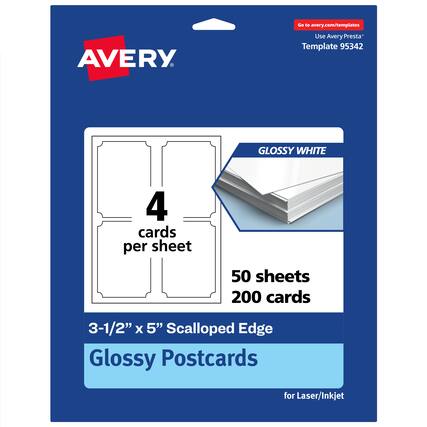 Go to avery.com/templates
Use Avery Presta* Template 95342
AVERY
GLOSSY WHITE
4 cards per sheet
50 sheets 200 cards
3-1/2" x 5" Scalloped Edge Glossy Postcards for Laser/Inkjet