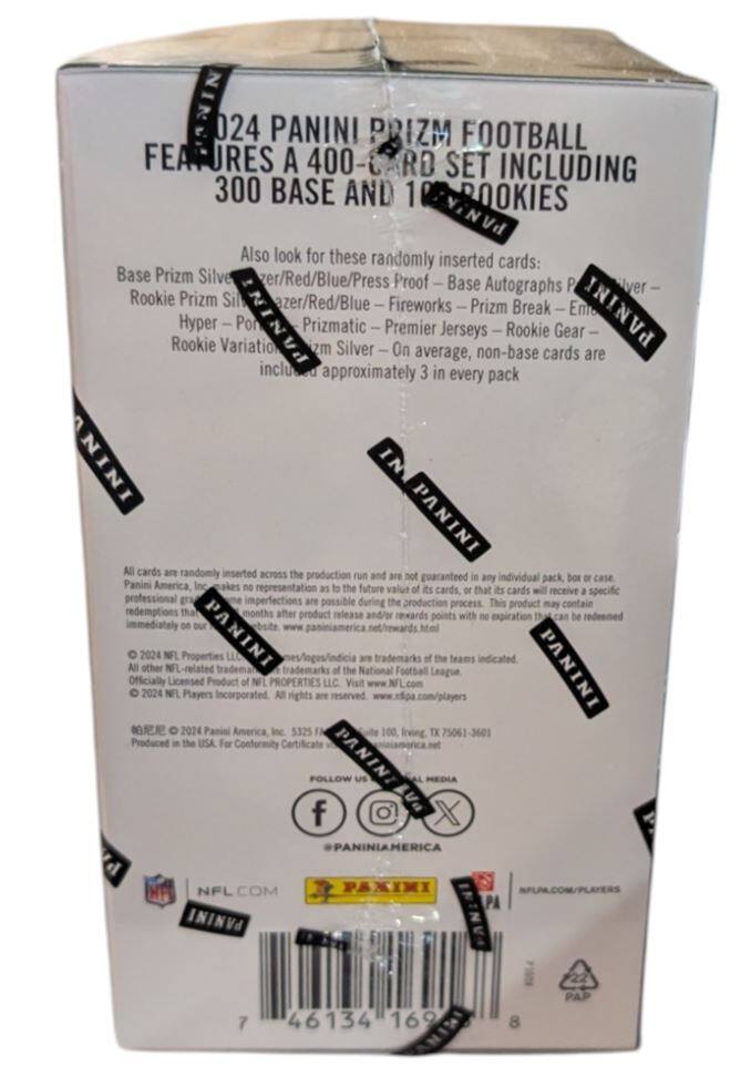 024 PANINI PRIZM FOOTBALL CARD SET INCLUDING 400-CARD RUN AND 100 BOOKIES

FEATURES A 400-CARD RUN SET INCLUDING 300 BASE AND 100 BOOKIES

Also look for these randomly inserted cards:
- Base Prizm Silver/Red/Blue/Press Proof
- Base Autographs
- Rookie Prizm Silver/Red/Blue
- Fireworks - Prizm Break - Emo
- Hyper - Por
- Prizmatic - Premier Jerseys - Rookie Gear
- Rookie Variation
- Prizm Silver

On average, non-base cards are included approximately 3 in every pack

All cards are randomly inserted across the production run and are not guaranteed in any individual pack, box or case. Panini America, Inc. makes no representation as to the future value of its cards or that its cards will receive a specific professional grade. Imperfections are possible in the production process. This product may contain redemptions that may be redeemed for rewards with no expiration date. All other NFL-related trademarks are of the teams indicated. Officially Licensed Product of NFL PROPERTIES LLC. Visit www.nfl.com

© 2024 NFL Properties