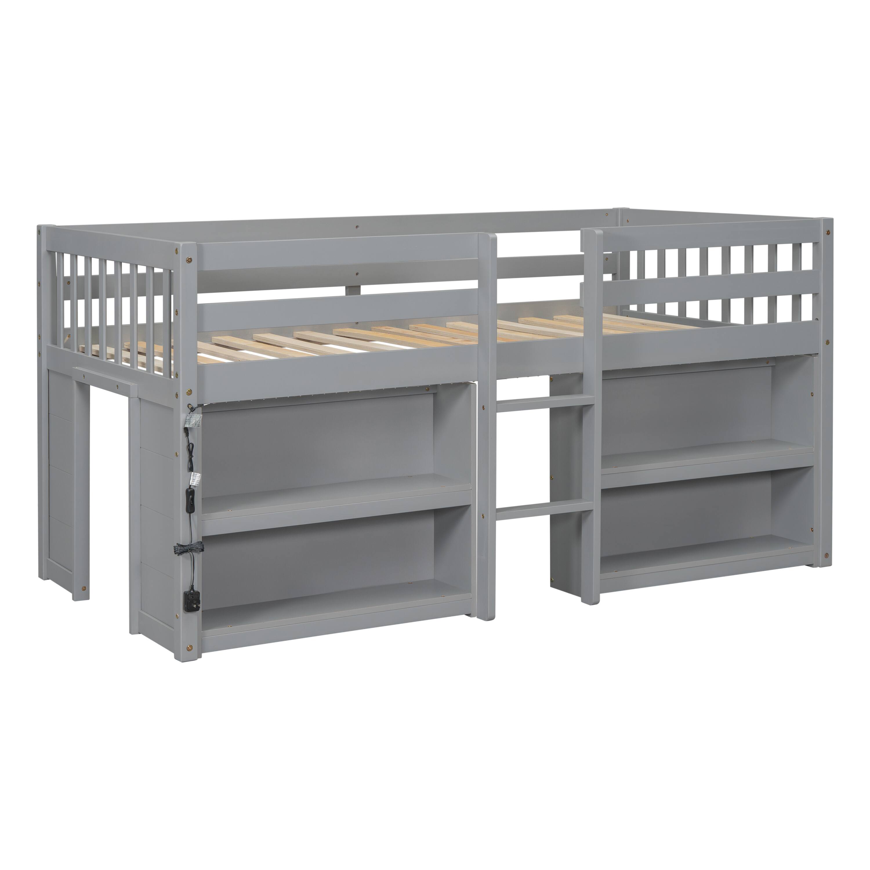Alt View 4. Spaco - Spaco Twin Low Loft Bed with 2-Tier Shelves and LED Lights, Built-in Stairs, Play Space Under Bed, Solid Wood - Grey.