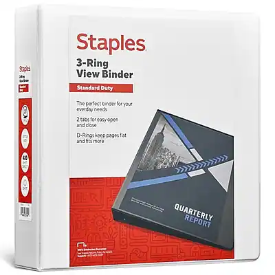 Staples
3-Ring View Binder
Standard Duty
The perfect binder for your everyday needs
2 tabs for easy open and close
D-Rings keep pages flat and fits more
QUARTERLY REPORT