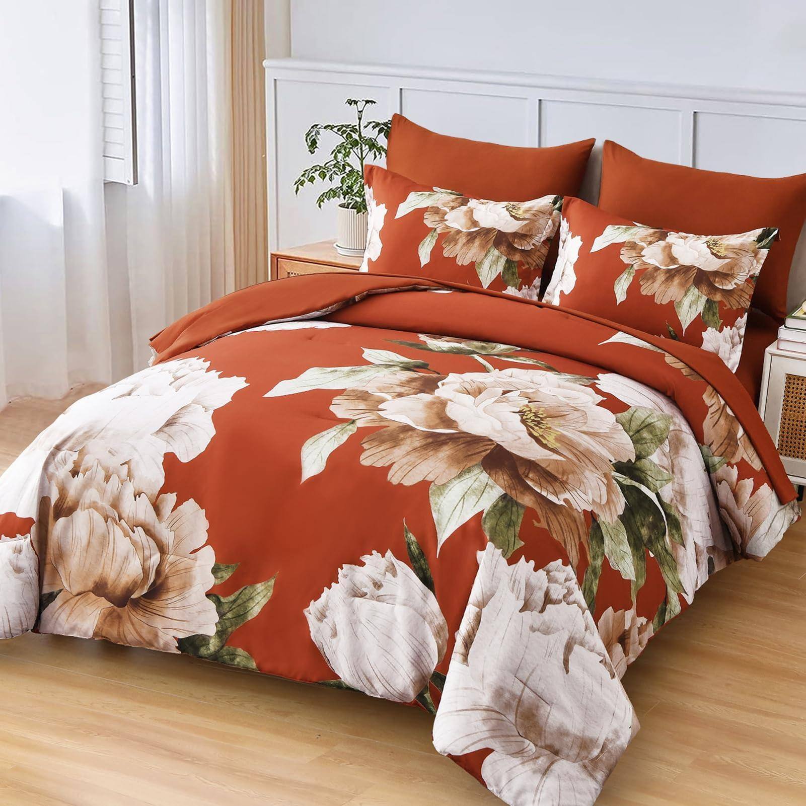 Left. Cedar Assembly - Burnt Comforter Set Queen 7 Piece Bed In A Bag Floral Printed On With Sheets Soft Microfiber Botanical Fall - Olive Green-King.