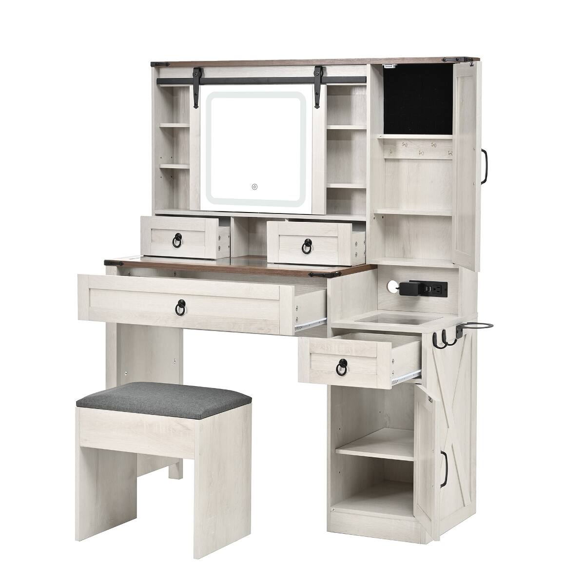 Alt View 9. Loheer - Loheer Farmhouse Vanity Desk with LED Mirror, Glass Top, Charging Station and Stool - White.