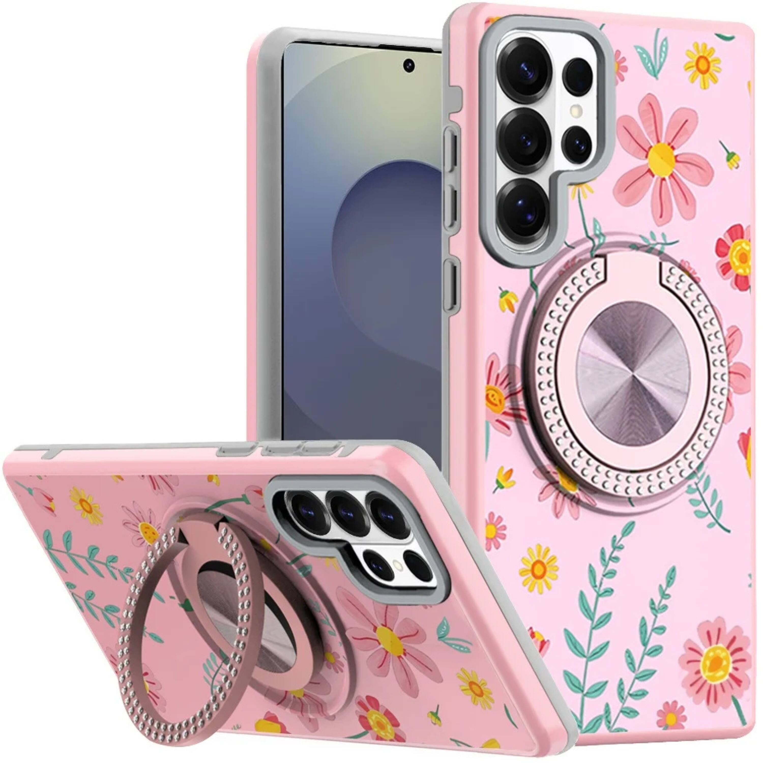 Front. Kitcheniva - Stylish Bling Ring Stand Protective Case With Tempered Glass For Samsung S26 Ultra Pink Daisies - Pink.