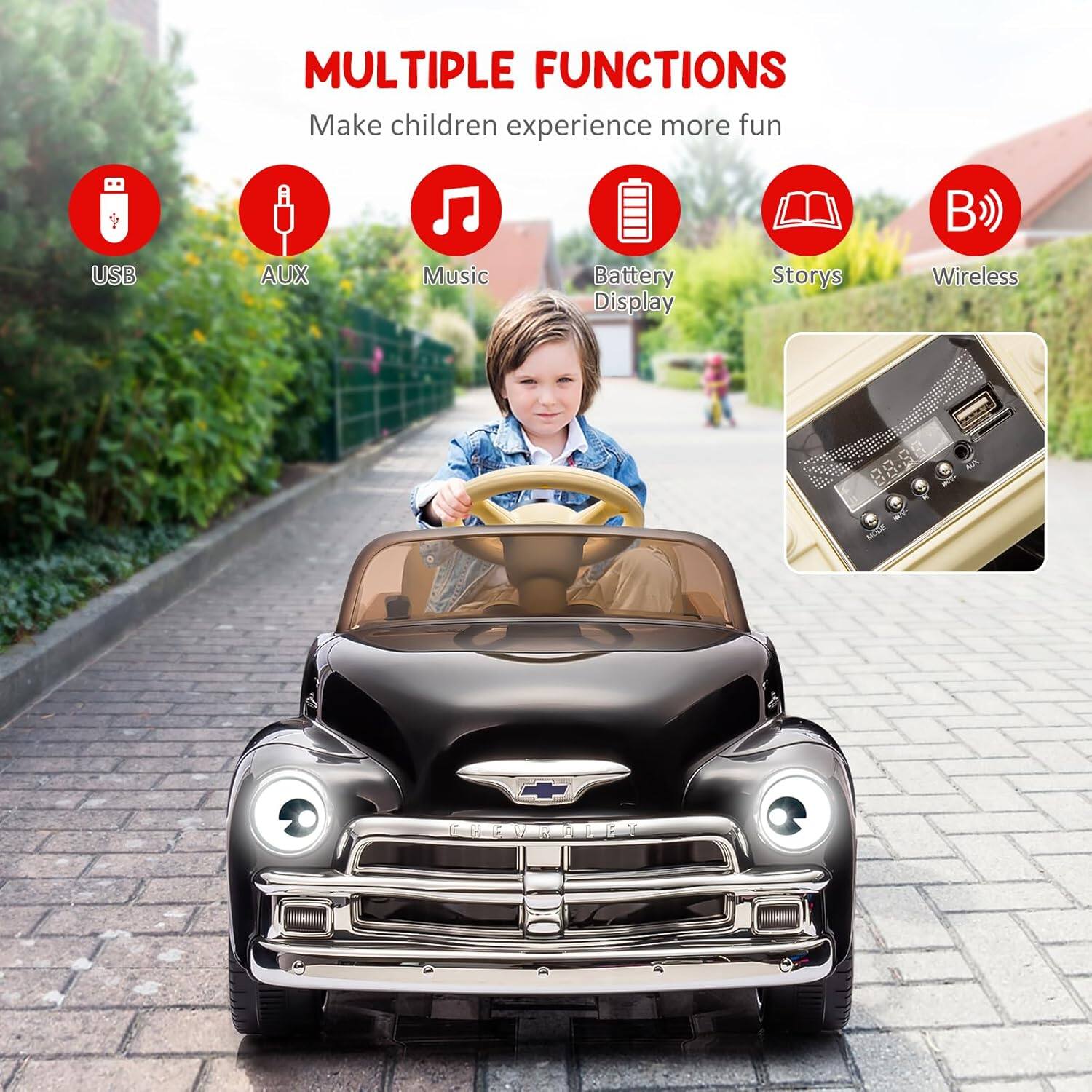 MULTIPLE FUNCTIONS  
Make children experience more fun

- USB
- AUX
- Music
- Battery Display
- Stories
- Wireless