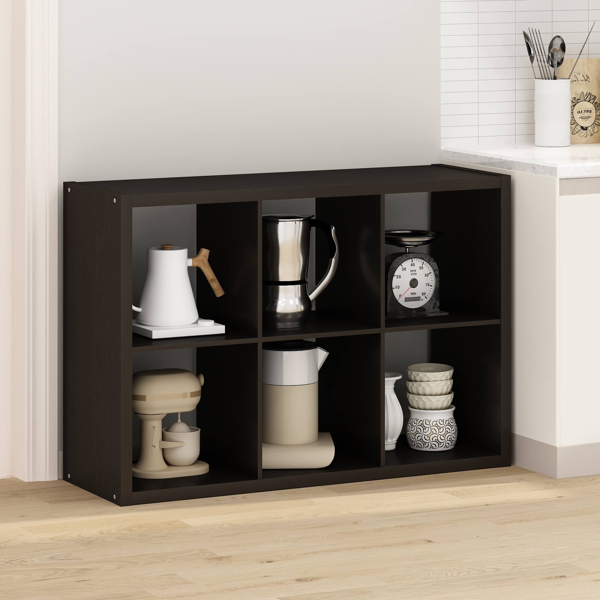 Alt View 2. Furinno - HERMITE Kitchen Island, 6-Cube Kitchen Storage, Bakers Rack, Kitchen Island with Storage, for Kitchen - Black Oak.