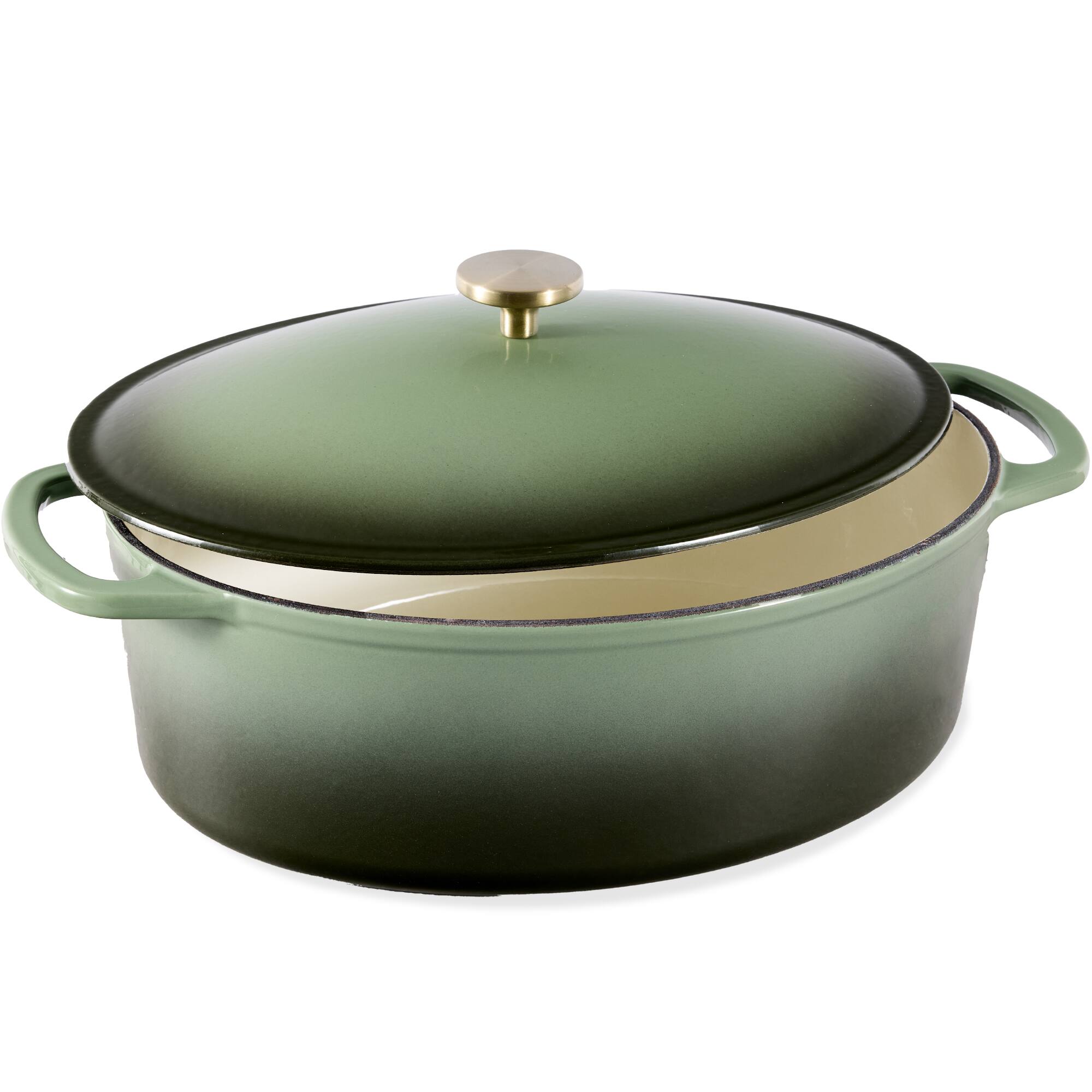 Best Choice Products - Oval 7.5 Quart Cast-Iron Dutch Oven, Heavy-Duty w/ Enamel, Side Handles - Deep Olive Green