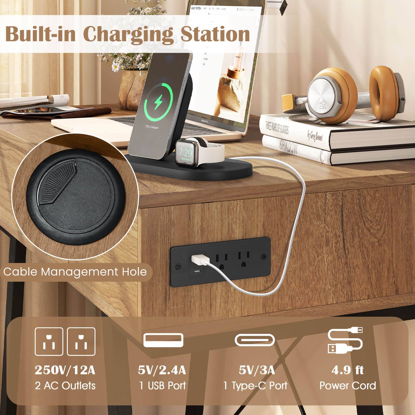 - Built-in Charging Station
- Cable Management Hole
- 250V/12A 2 AC Outlets
- 5V/2.4A 1 USB Port
- 5V/3A 1 Type-C Port
- 4.9 ft Power Cord