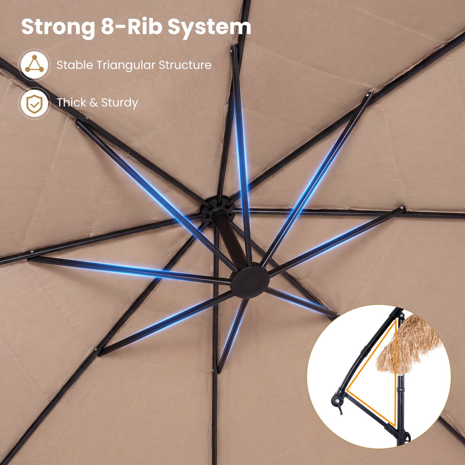 Strong 8-Rib System  
Stable Triangular Structure  
Thick & Sturdy
