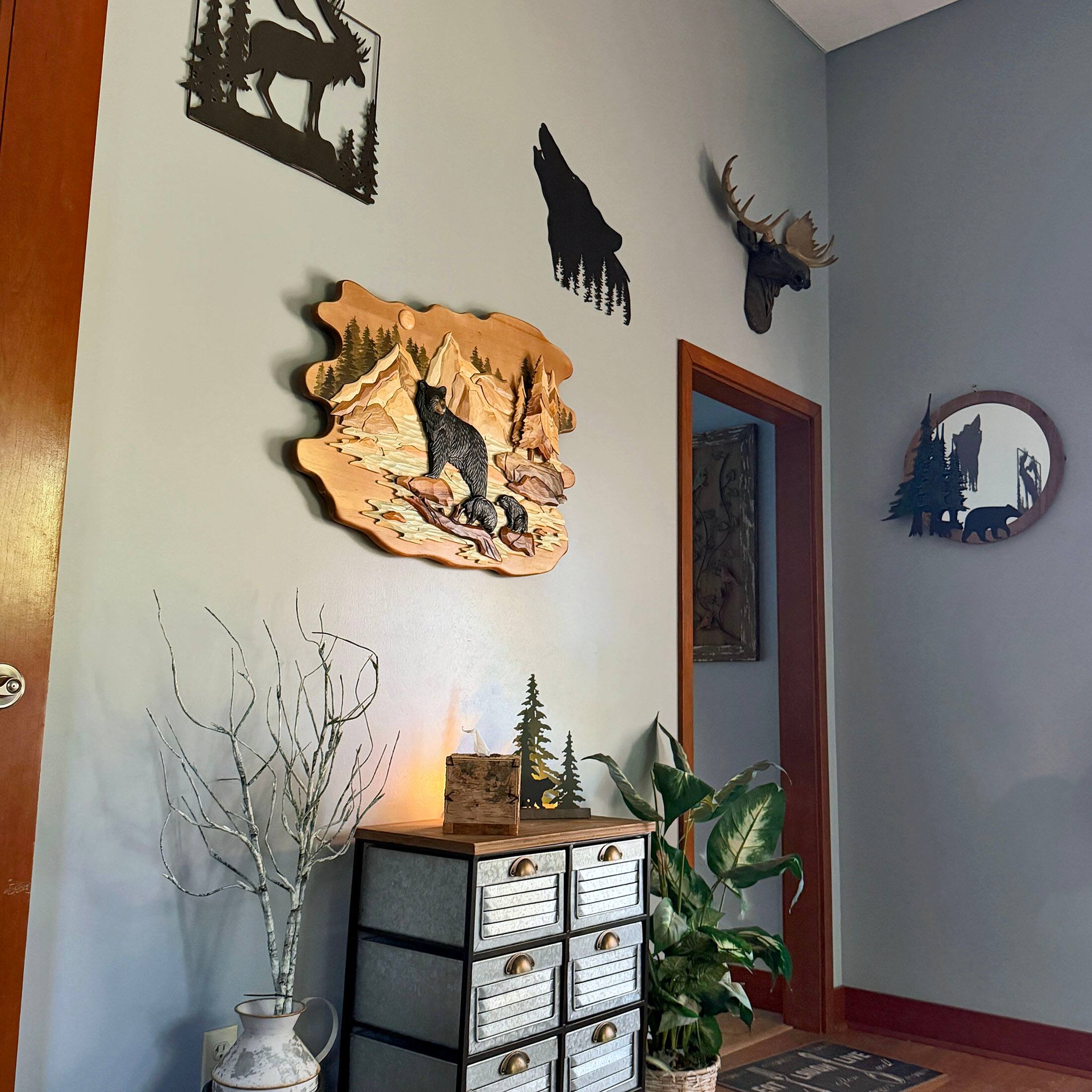 Alt View 7. Zeckos - Bear Family River 25.5x34 Intarsia Wood Wall Sculpture Rustic Cabin Art - Brown.