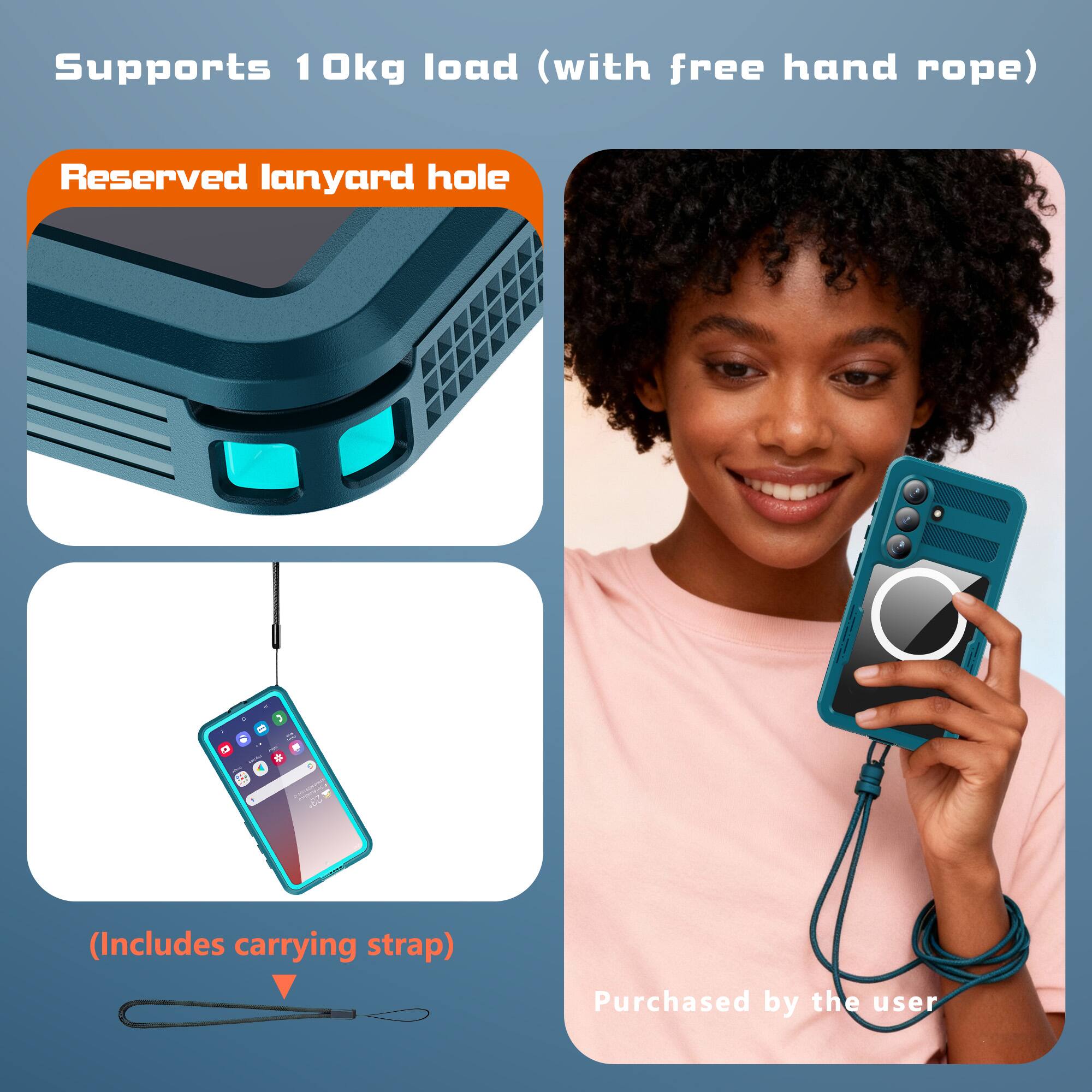 Supports 10kg load (with free hand rope)  
Reserved lanyard hole  
(Includes carrying strap)  
Purchased by the user